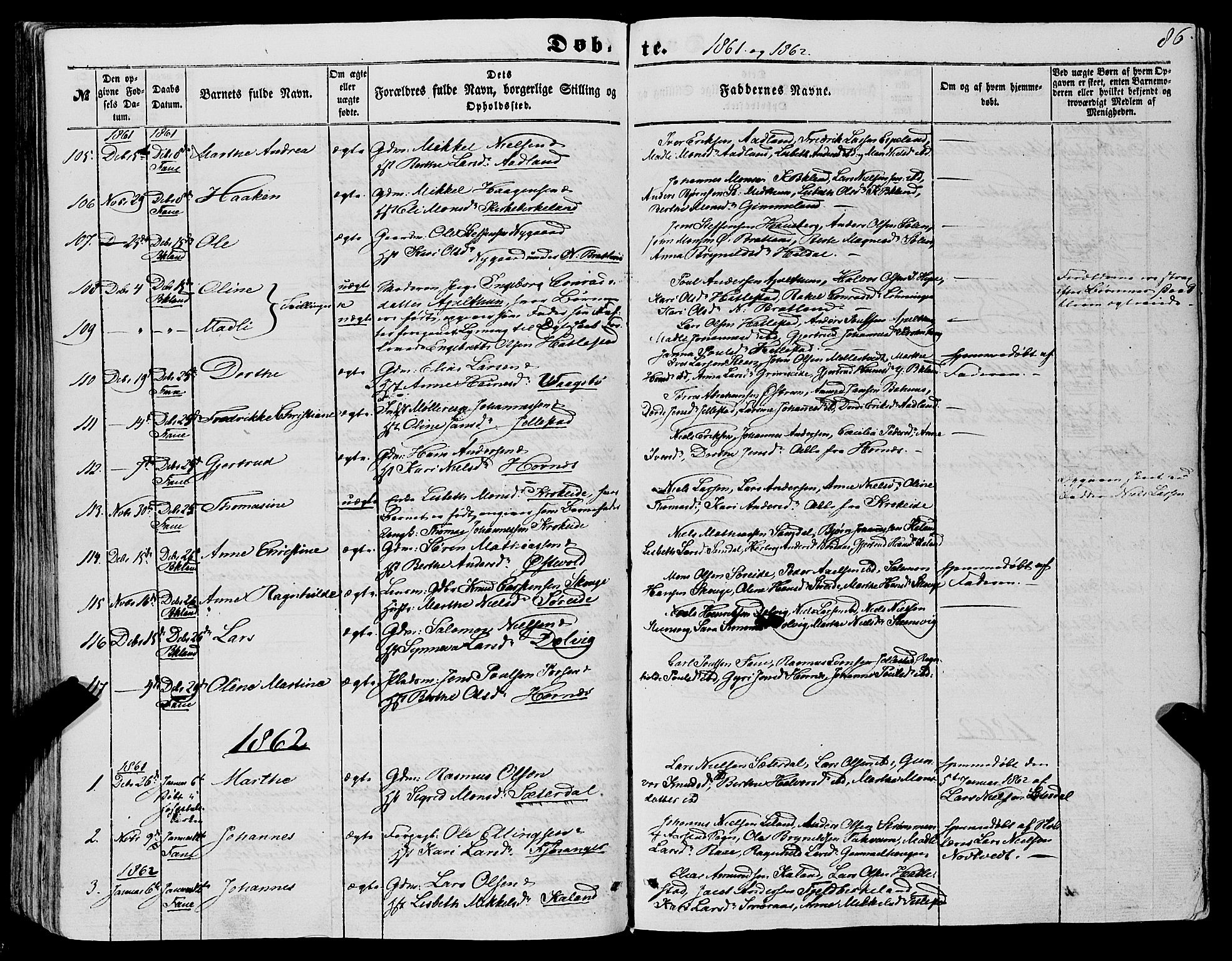 Fana Sokneprestembete, SAB/A-75101/H/Haa/Haaa/L0011: Parish register (official) no. A 11, 1851-1862, p. 86