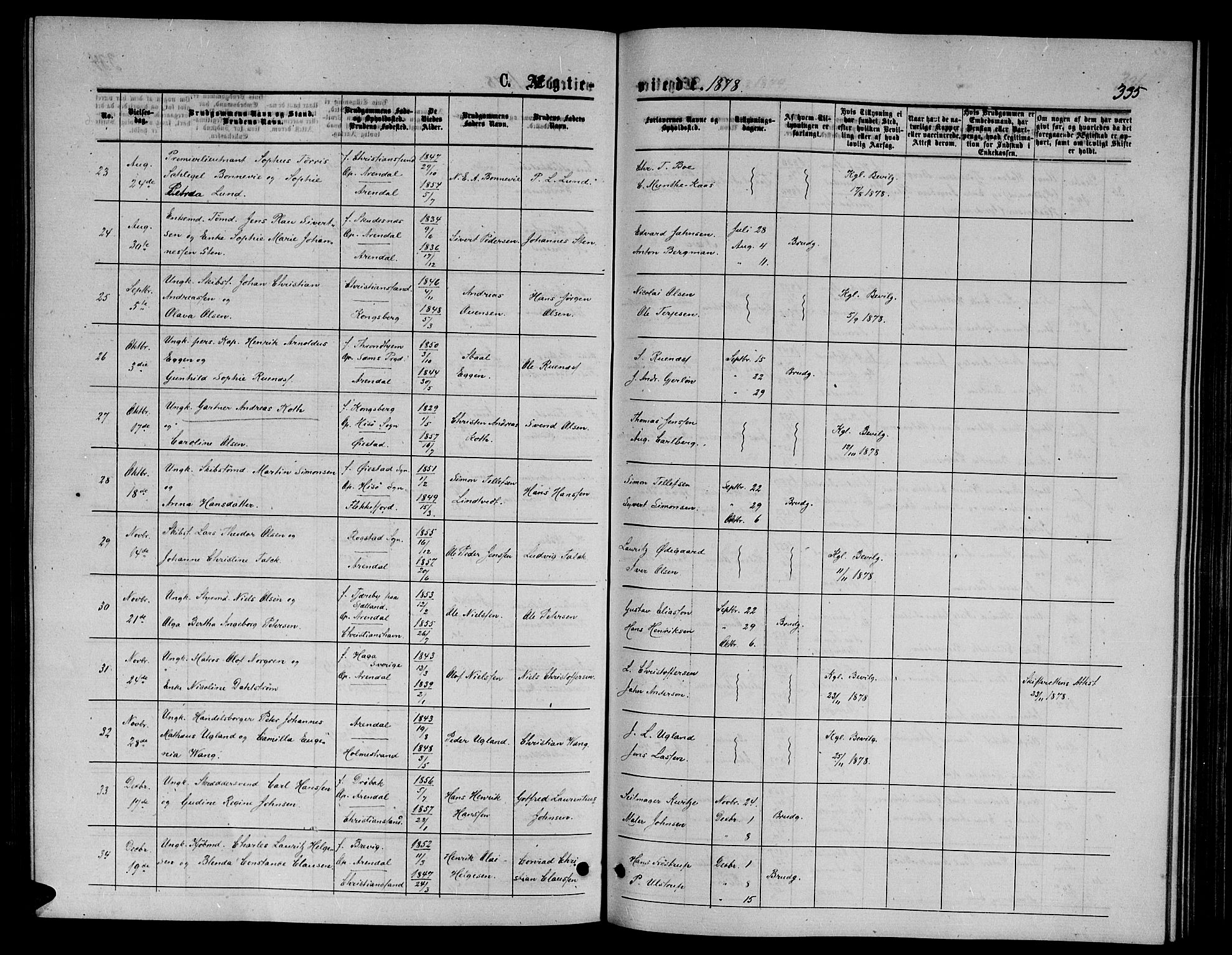Arendal sokneprestkontor, Trefoldighet, SAK/1111-0040/F/Fb/L0005: Parish register (copy) no. B 5, 1874-1888, p. 335