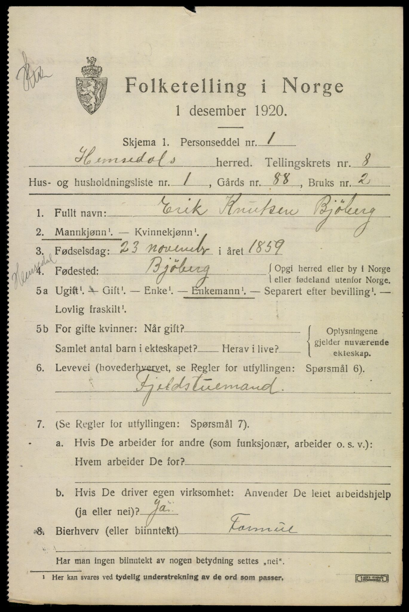 SAKO, 1920 census for Hemsedal, 1920, p. 3108