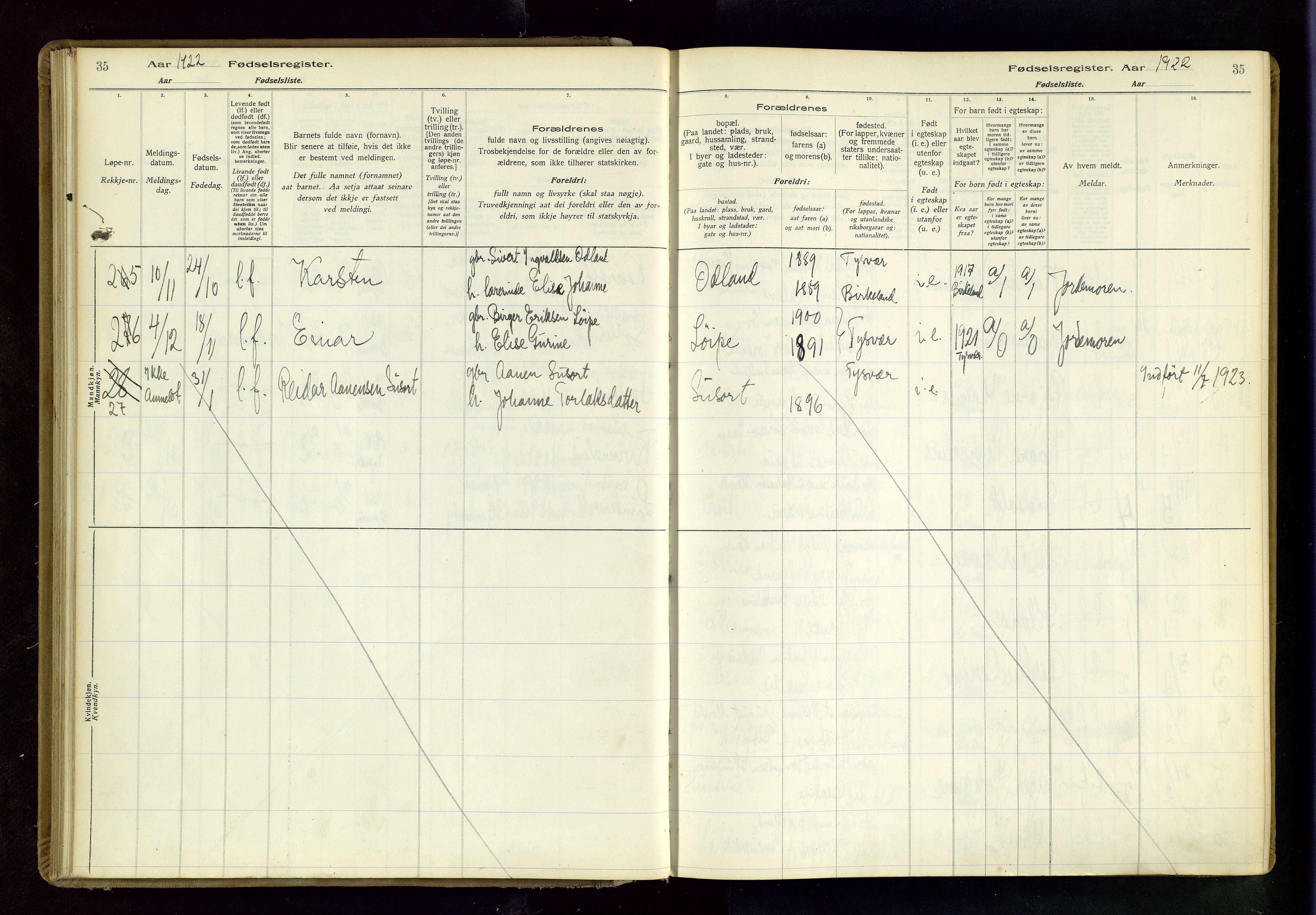 Tysvær sokneprestkontor, AV/SAST-A -101864/I/Id/L0001: Birth register no. 1, 1916-1954, p. 35