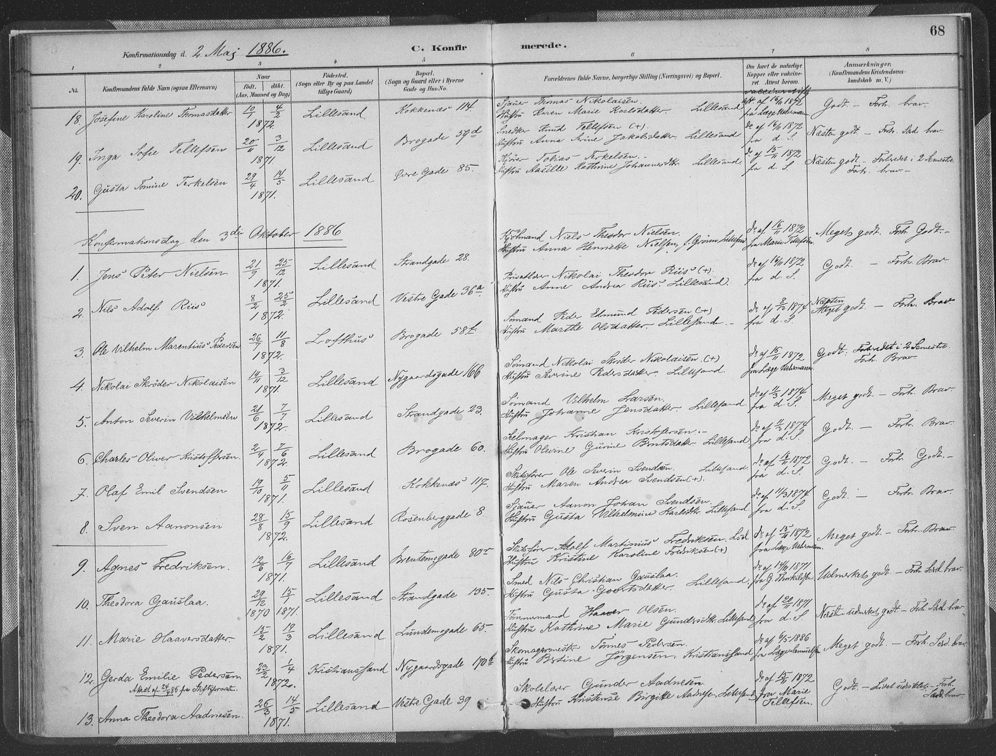 Vestre Moland sokneprestkontor, AV/SAK-1111-0046/F/Fa/Faa/L0001: Parish register (official) no. A 1, 1884-1899, p. 68