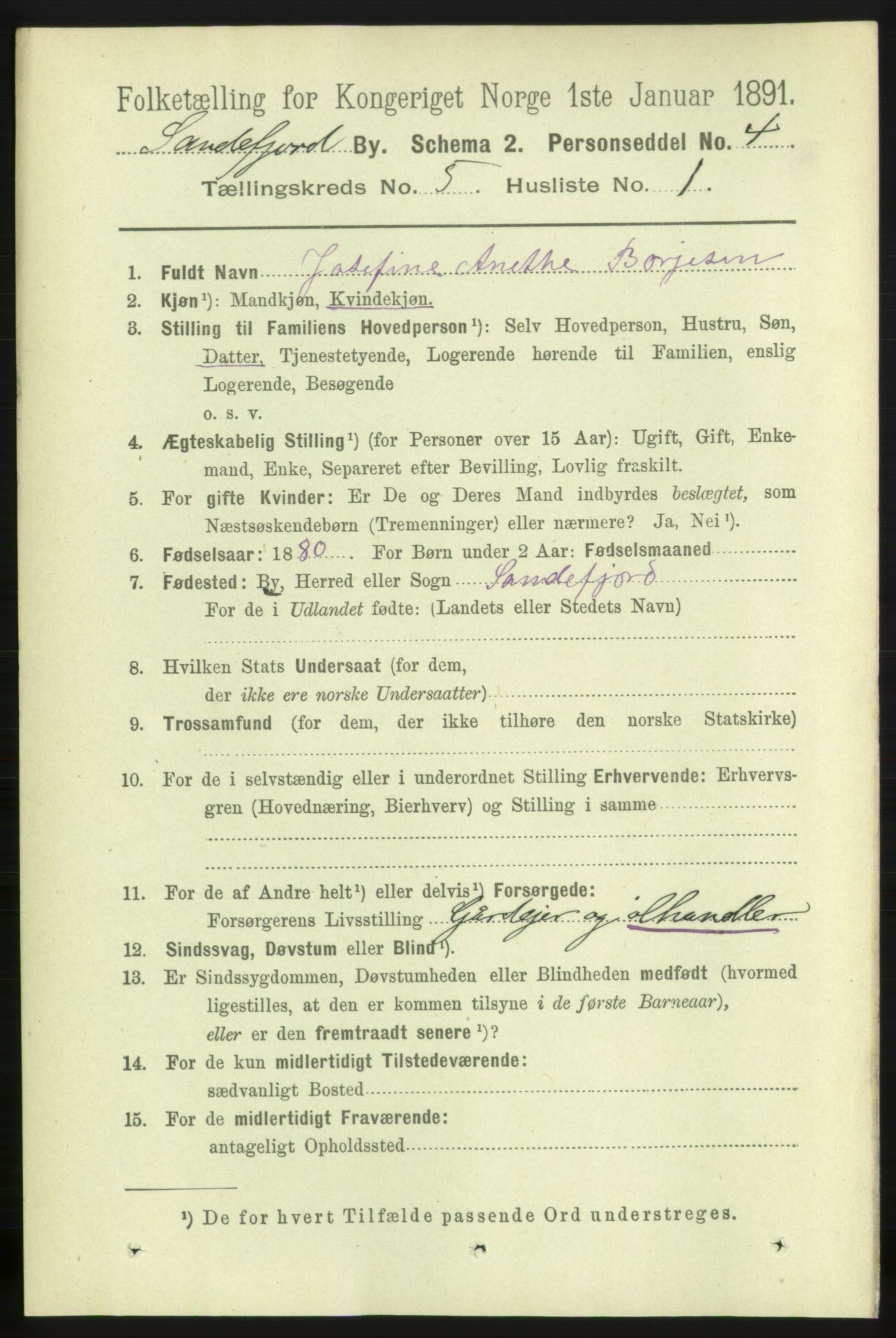 RA, 1891 census for 0706 Sandefjord, 1891, p. 1741