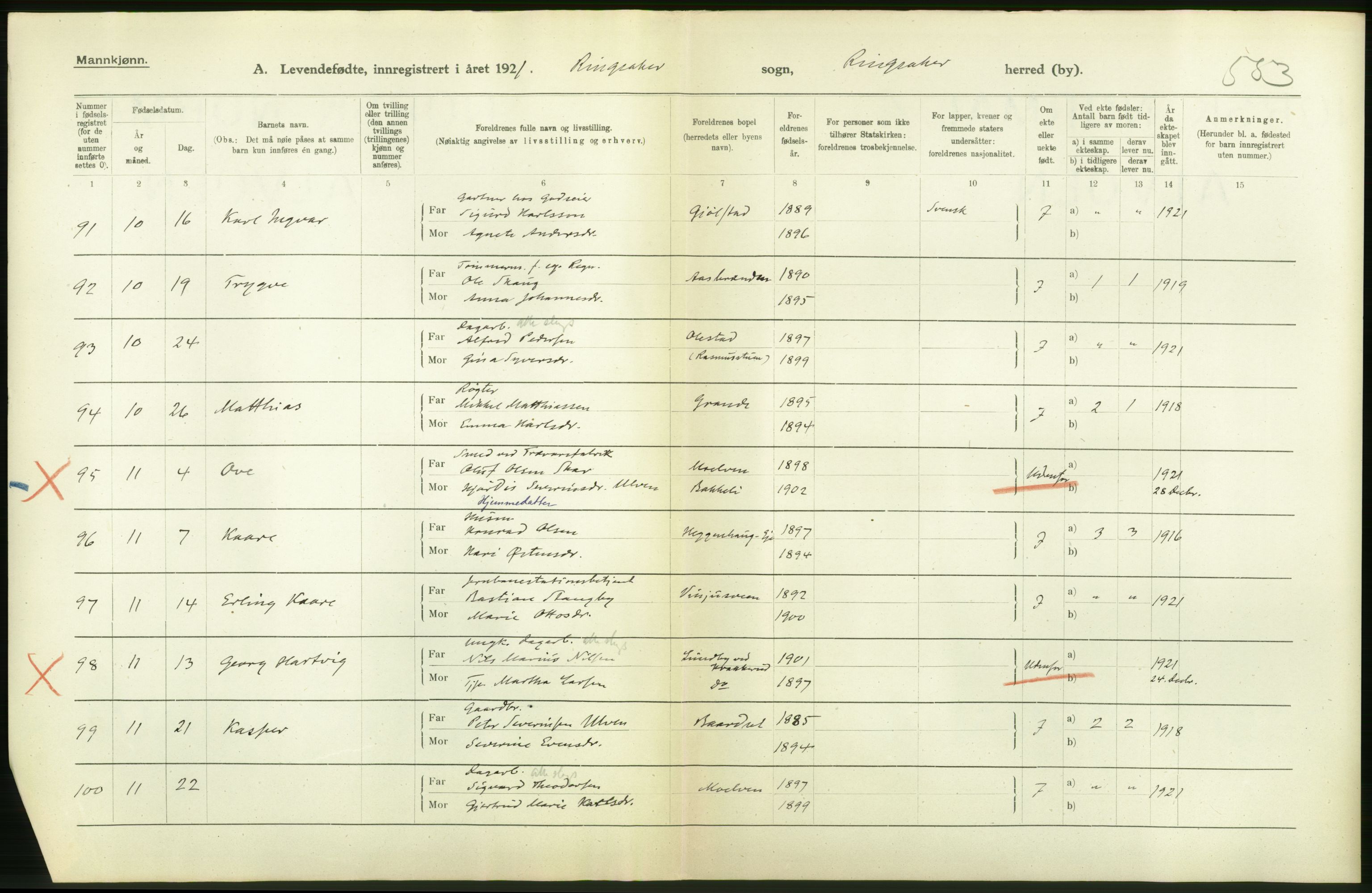 Statistisk sentralbyrå, Sosiodemografiske emner, Befolkning, AV/RA-S-2228/D/Df/Dfc/Dfca/L0014: Hedemark fylke: Levendefødte menn og kvinner. Bygder., 1921, p. 30