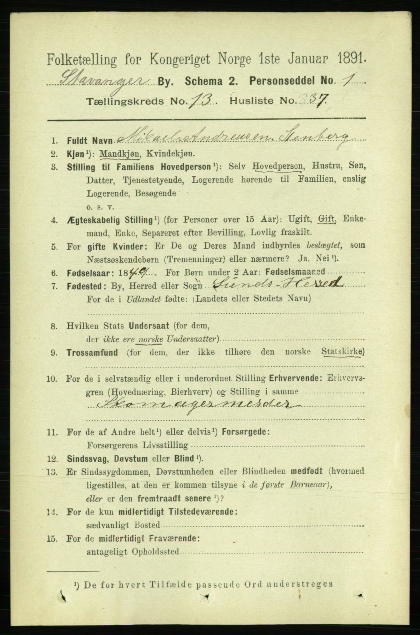 RA, 1891 census for 1103 Stavanger, 1891, p. 16276