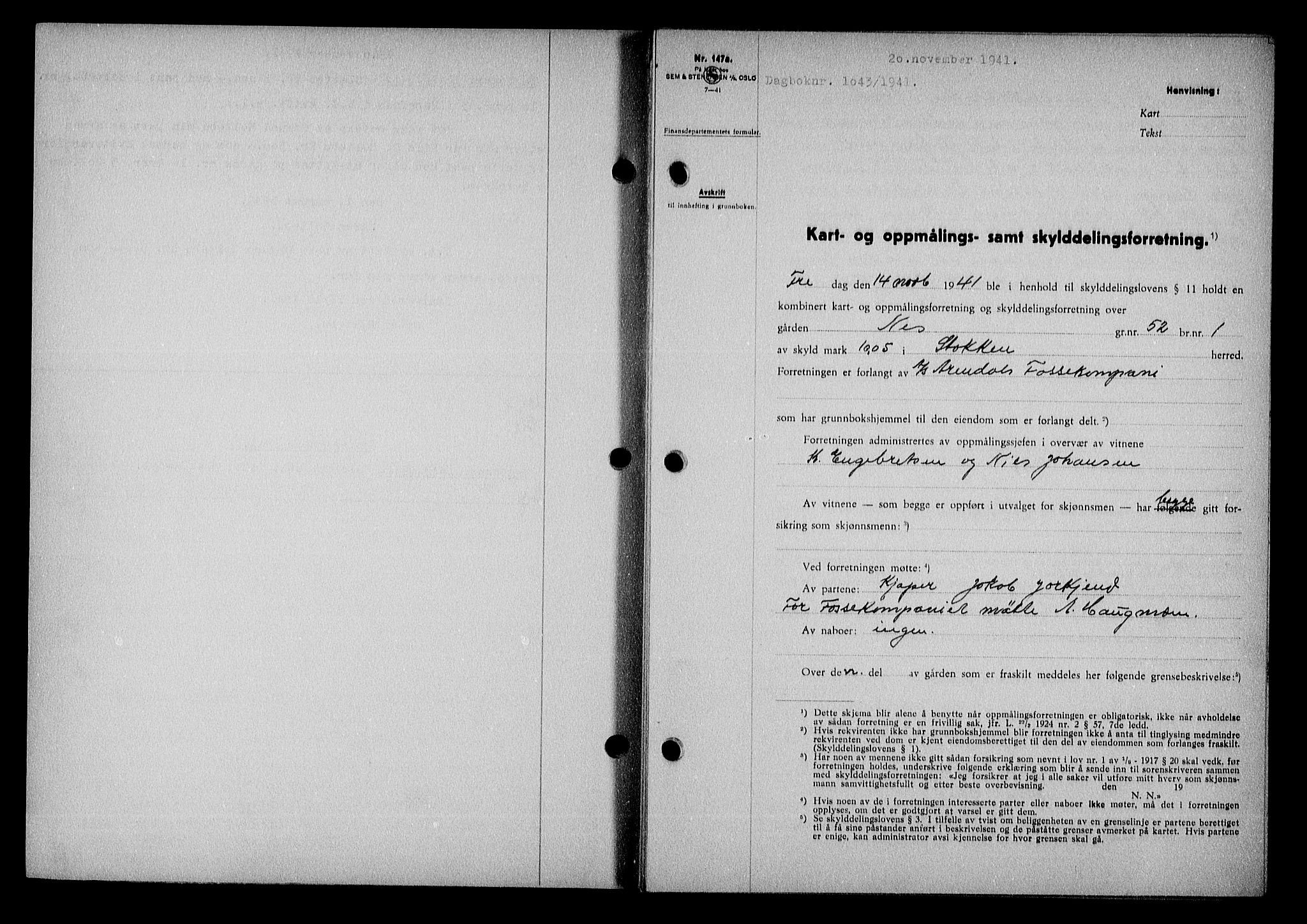 Nedenes sorenskriveri, SAK/1221-0006/G/Gb/Gba/L0049: Mortgage book no. A-III, 1941-1942, Diary no: : 1043/1941