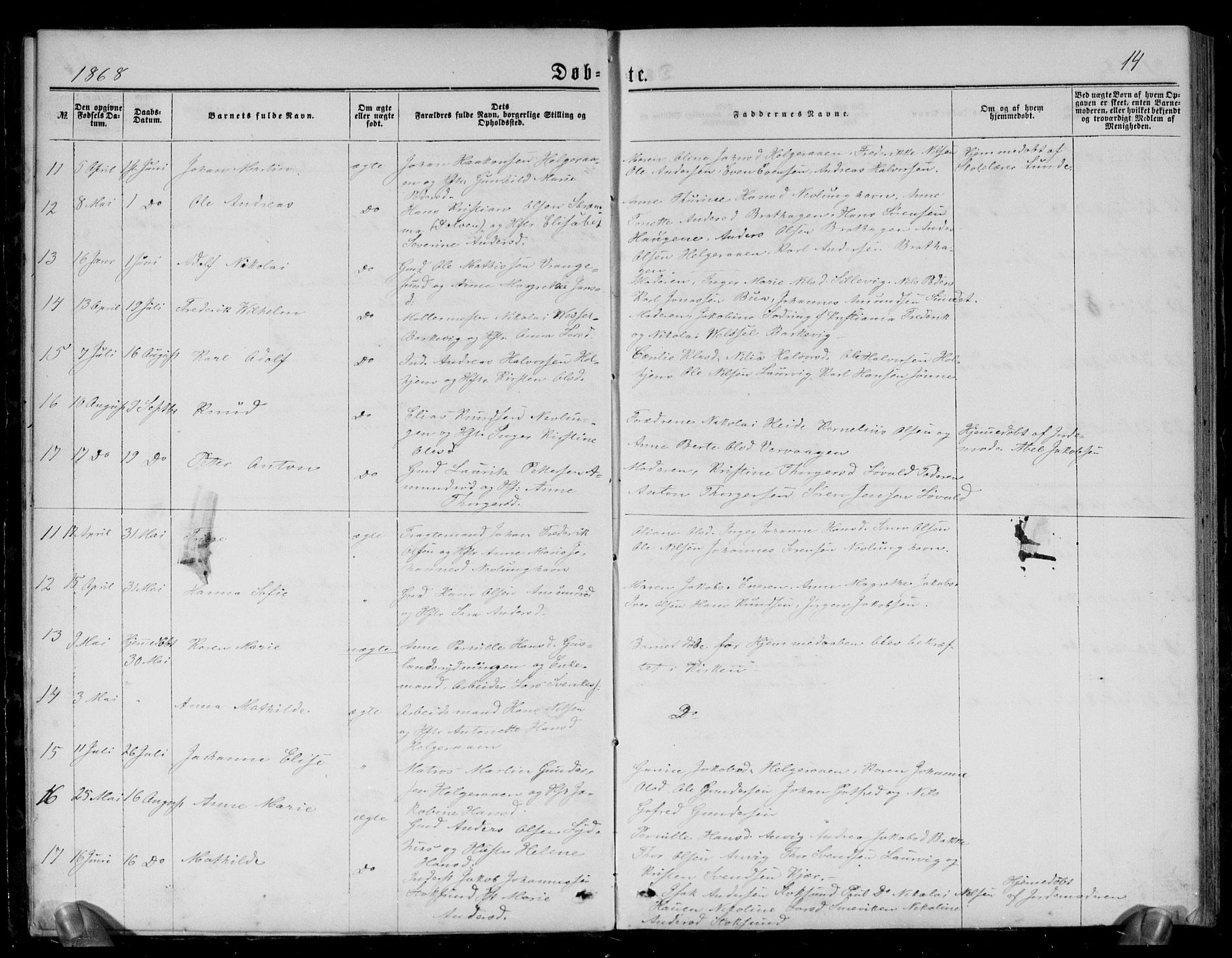 Brunlanes kirkebøker, AV/SAKO-A-342/G/Gb/L0001: Parish register (copy) no. II 1, 1866-1877, p. 14