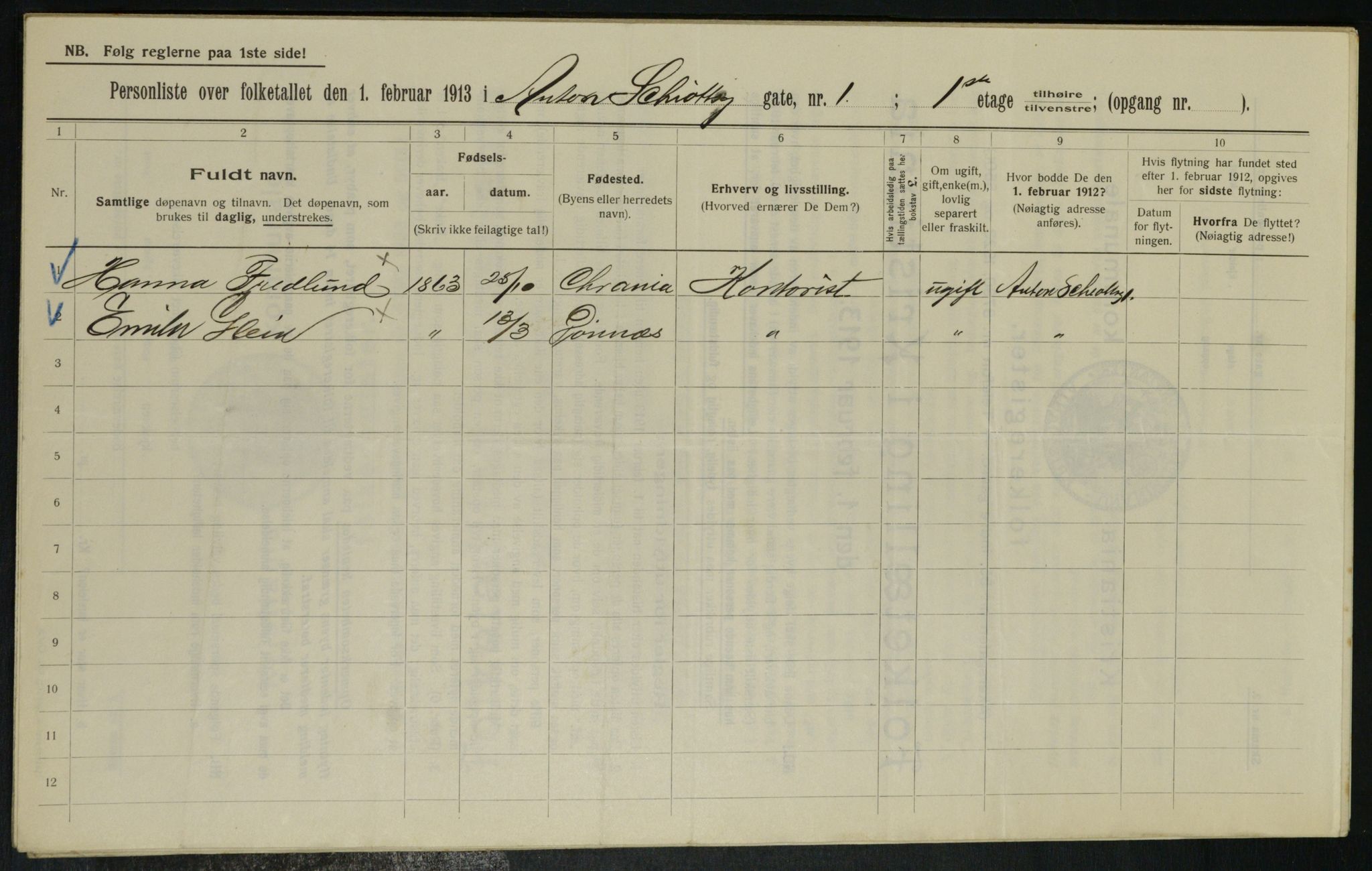 OBA, Municipal Census 1913 for Kristiania, 1913, p. 1253