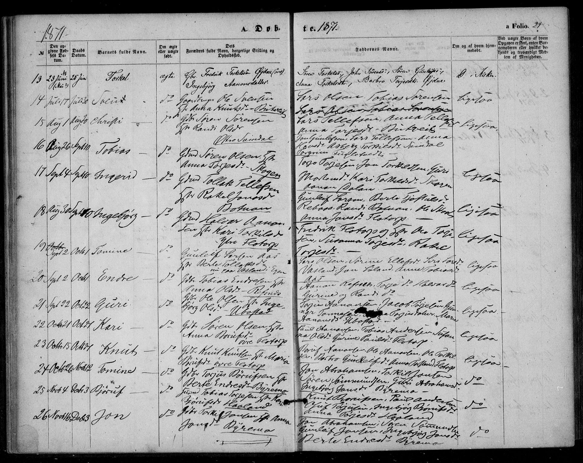 Bjelland sokneprestkontor, SAK/1111-0005/F/Fa/Fac/L0002: Parish register (official) no. A 2, 1866-1887, p. 24