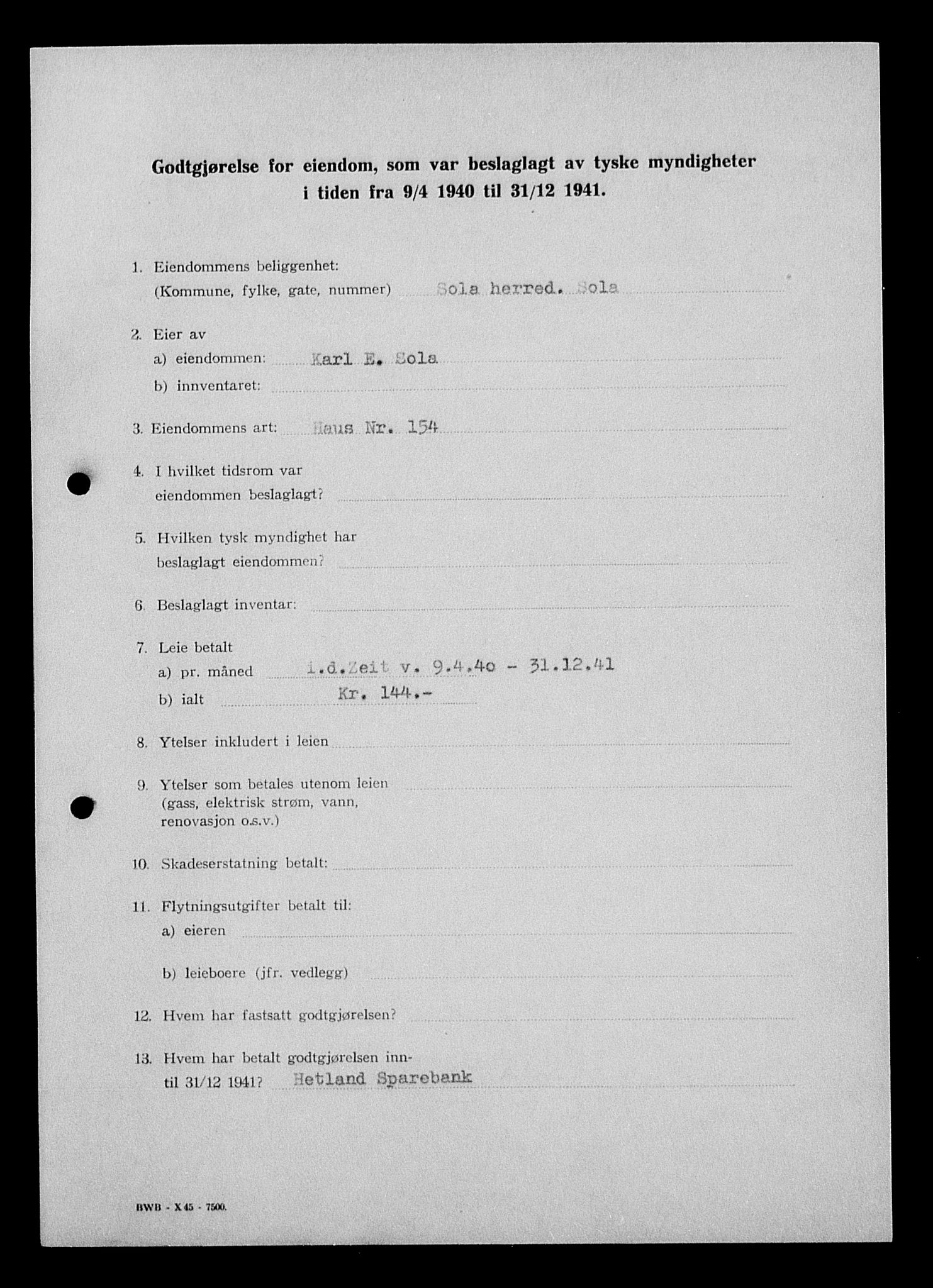 Justisdepartementet, Tilbakeføringskontoret for inndratte formuer, AV/RA-S-1564/I/L1015: Godtgjørelse for beslaglagt eiendom, 1940-1941, p. 239