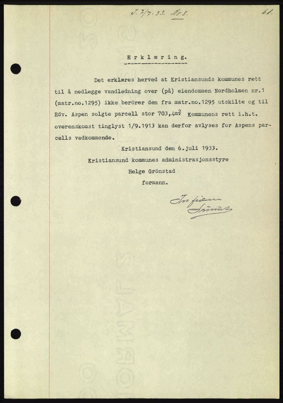 Kristiansund byfogd, AV/SAT-A-4587/A/27: Mortgage book no. 27, 1933-1934, Deed date: 07.07.1933