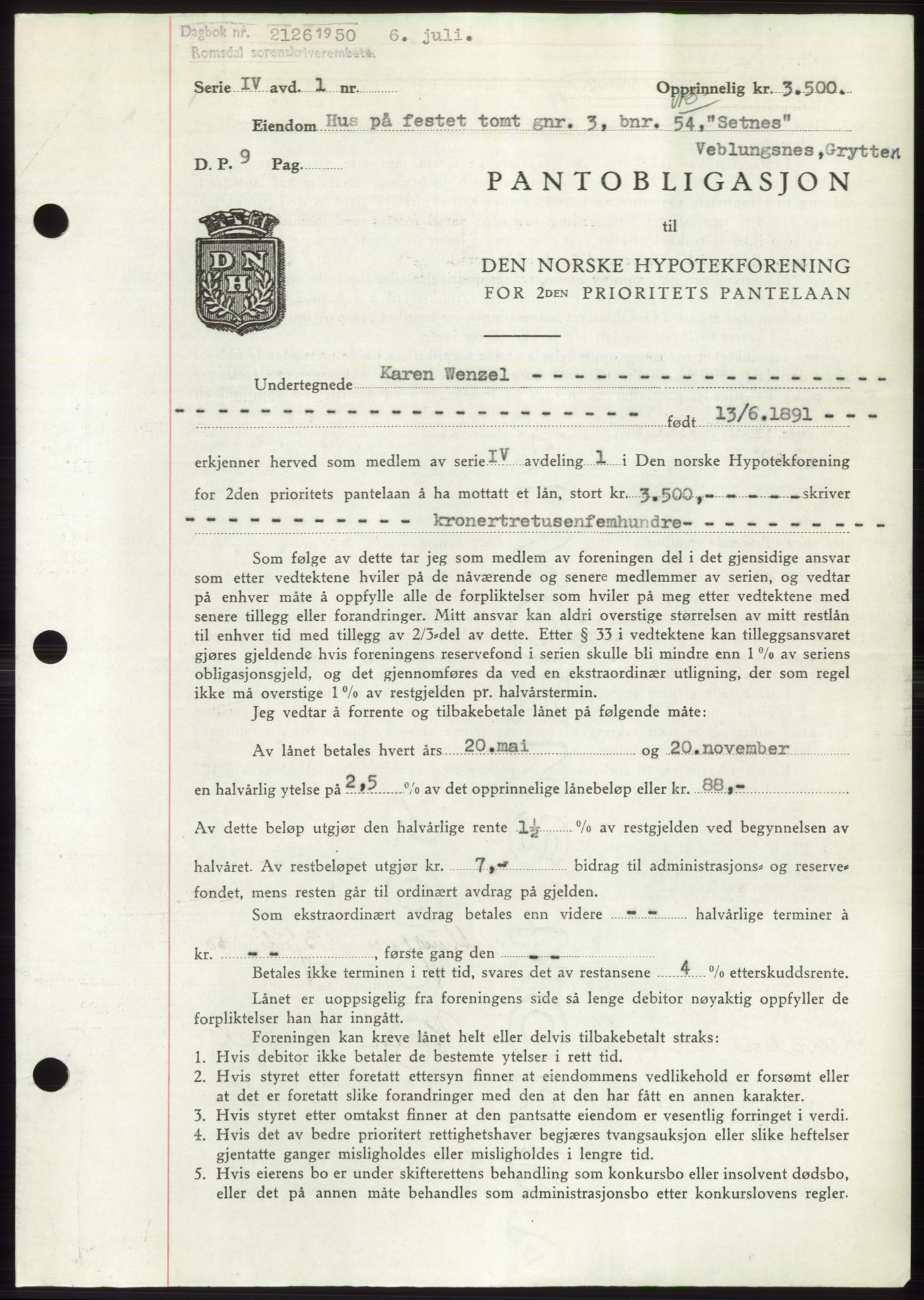 Romsdal sorenskriveri, AV/SAT-A-4149/1/2/2C: Mortgage book no. B5, 1949-1950, Diary no: : 2126/1950