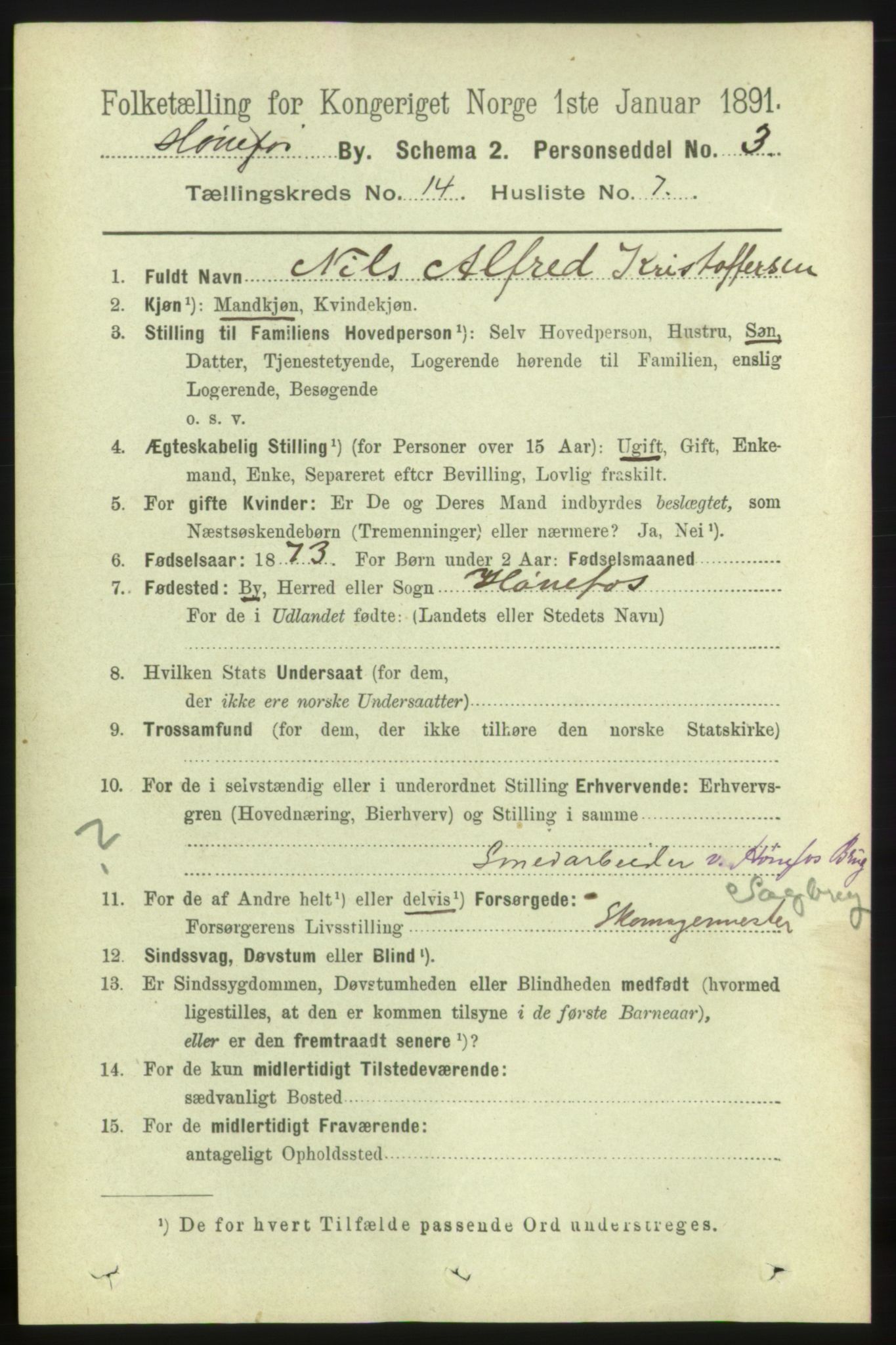 RA, 1891 census for 0601 Hønefoss, 1891, p. 1707