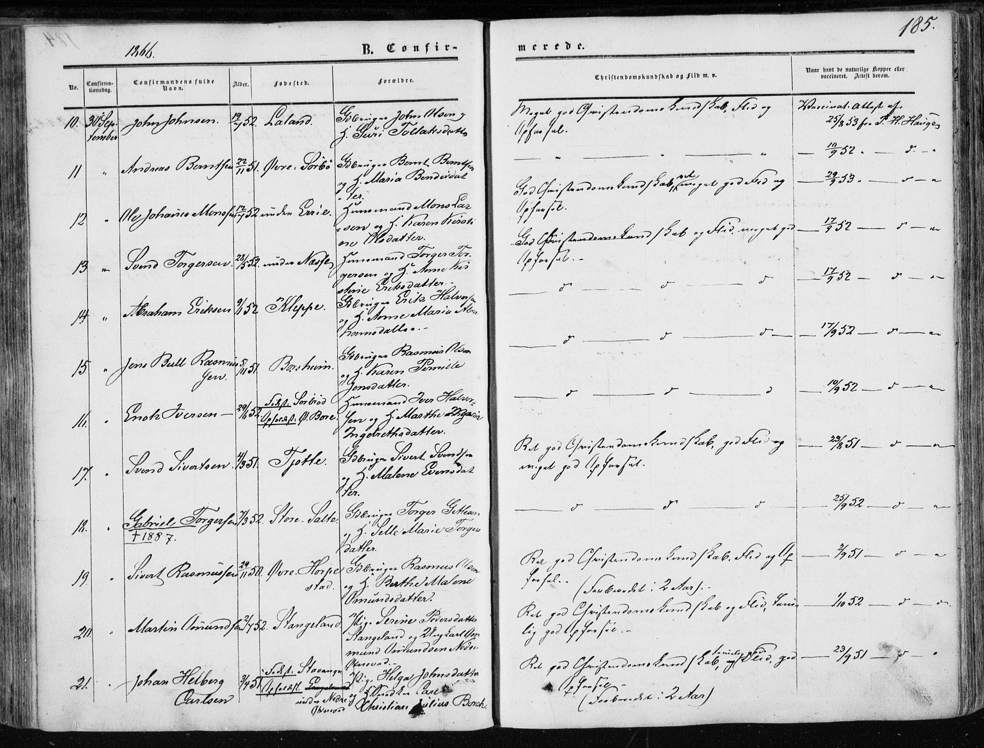 Klepp sokneprestkontor, AV/SAST-A-101803/001/3/30BA/L0005: Parish register (official) no. A 5, 1853-1870, p. 185