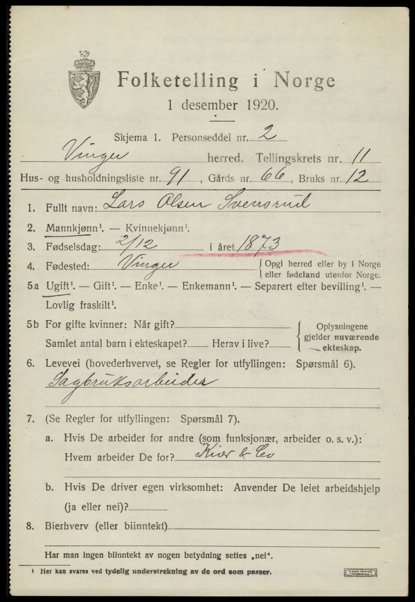 SAH, 1920 census for Vinger, 1920, p. 10036