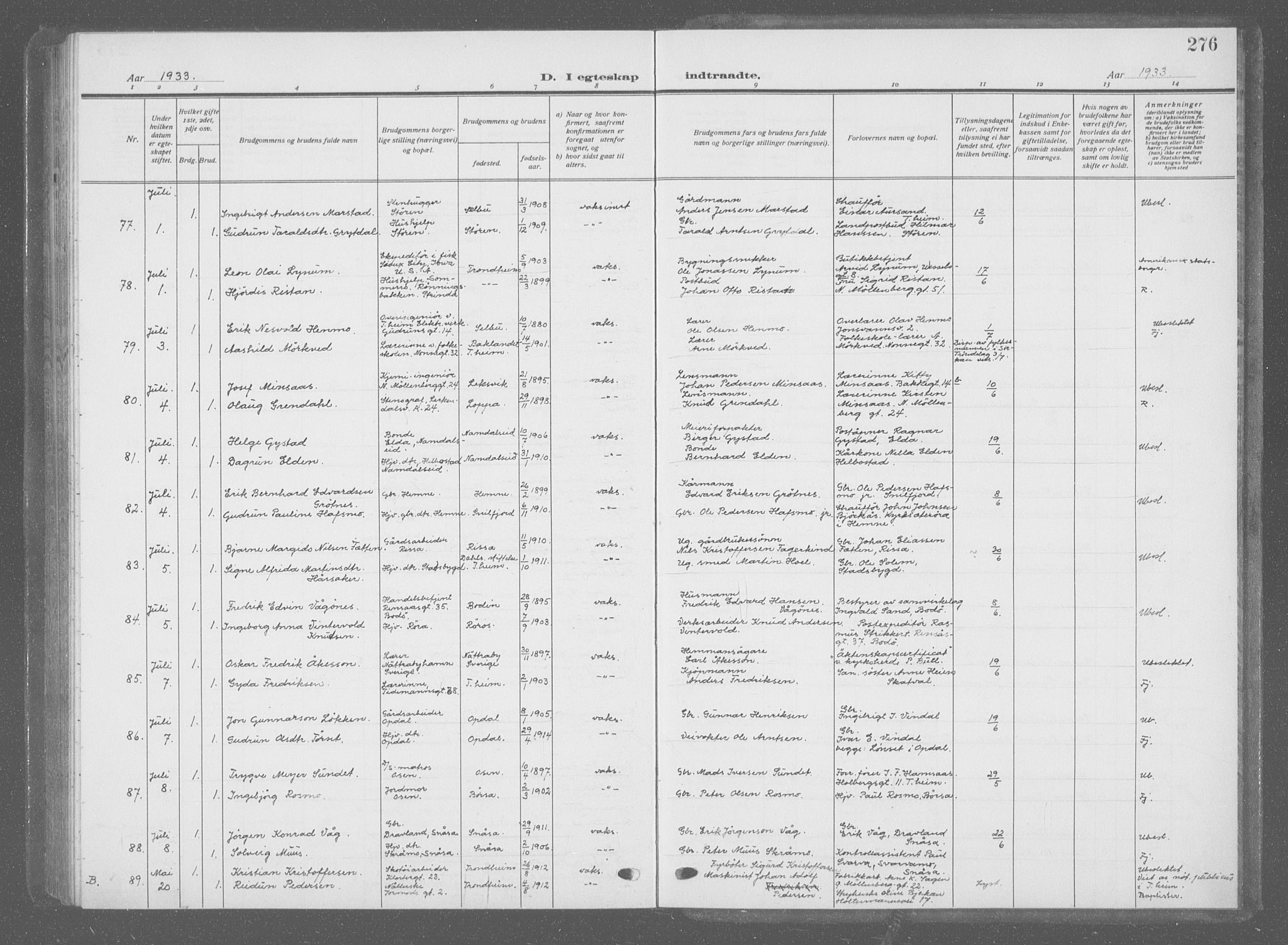 Ministerialprotokoller, klokkerbøker og fødselsregistre - Sør-Trøndelag, SAT/A-1456/601/L0098: Parish register (copy) no. 601C16, 1921-1934, p. 276