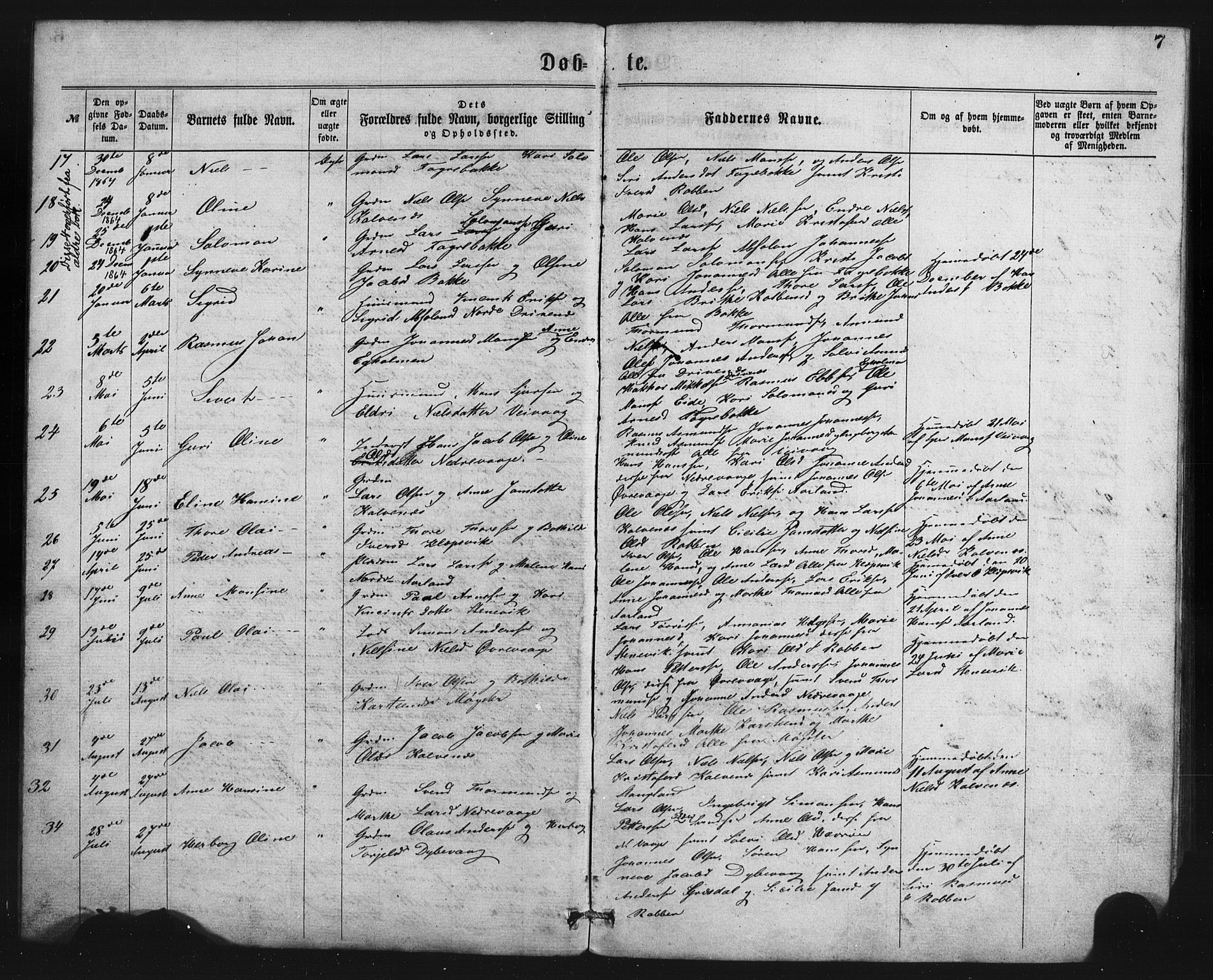 Austevoll Sokneprestembete, SAB/A-74201/H/Hab: Parish register (copy) no. B 2, 1865-1878, p. 7