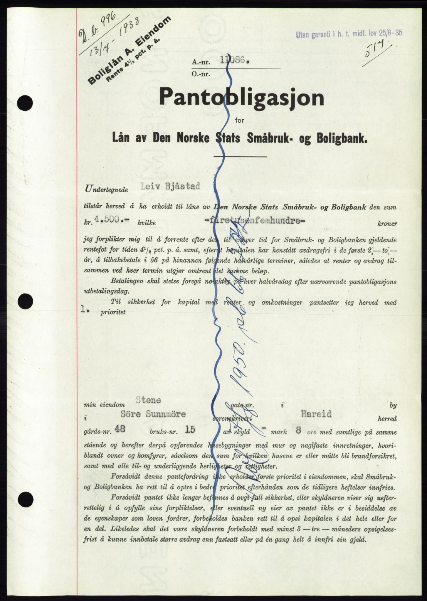 Søre Sunnmøre sorenskriveri, AV/SAT-A-4122/1/2/2C/L0065: Mortgage book no. 59, 1938-1938, Diary no: : 996/1938