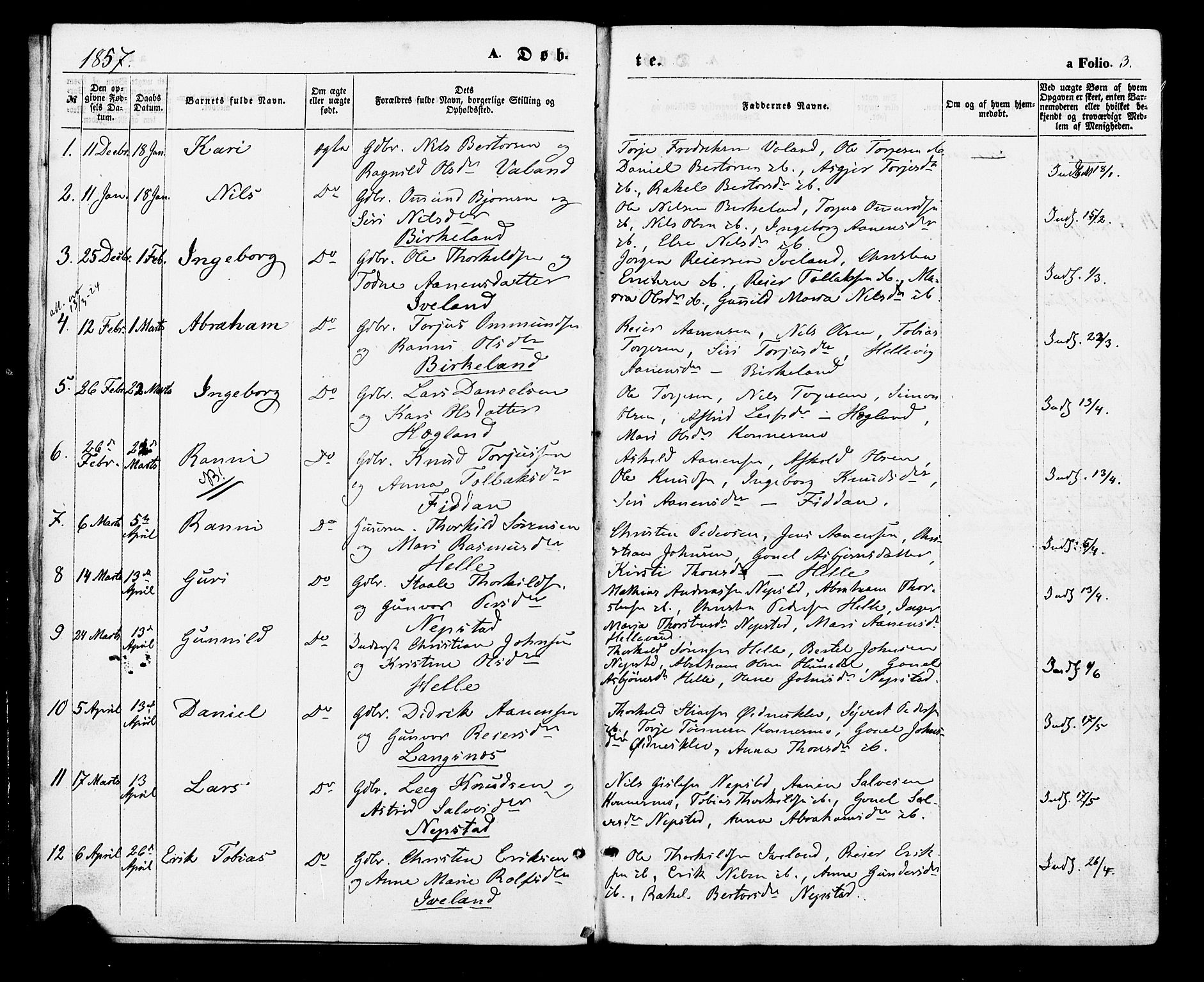 Nord-Audnedal sokneprestkontor, SAK/1111-0032/F/Fa/Faa/L0002: Parish register (official) no. A 2, 1857-1882, p. 3