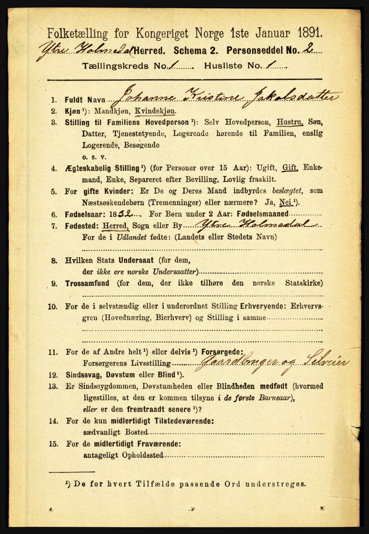 RA, 1891 census for 1429 Ytre Holmedal, 1891, p. 84