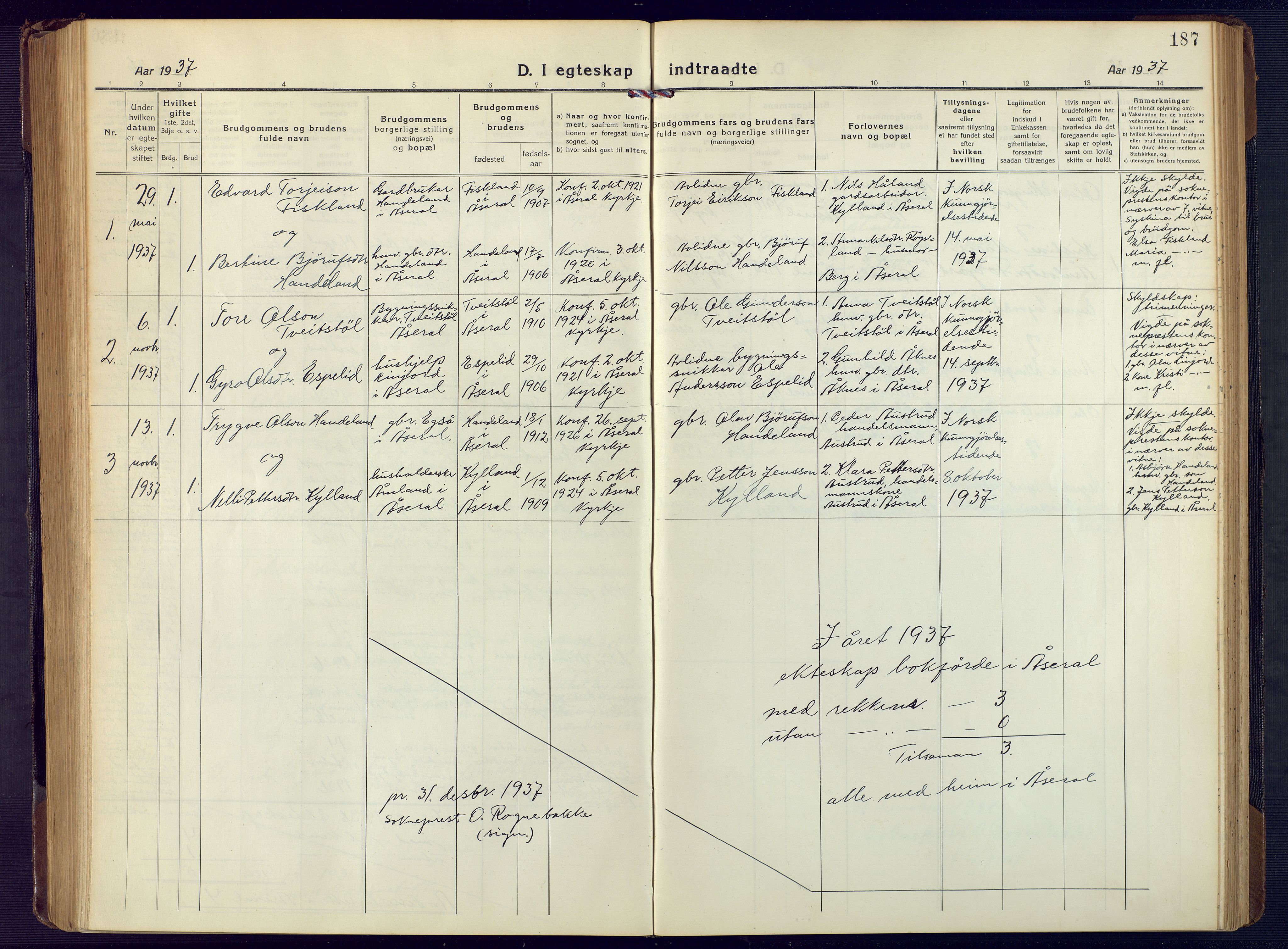 Åseral sokneprestkontor, SAK/1111-0051/F/Fb/L0004: Parish register (copy) no. B 4, 1920-1946, p. 187