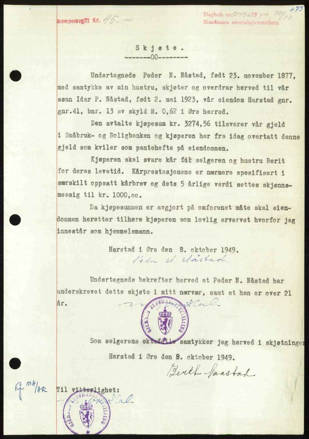 Nordmøre sorenskriveri, AV/SAT-A-4132/1/2/2Ca: Mortgage book no. A112, 1949-1949, Diary no: : 2796/1949