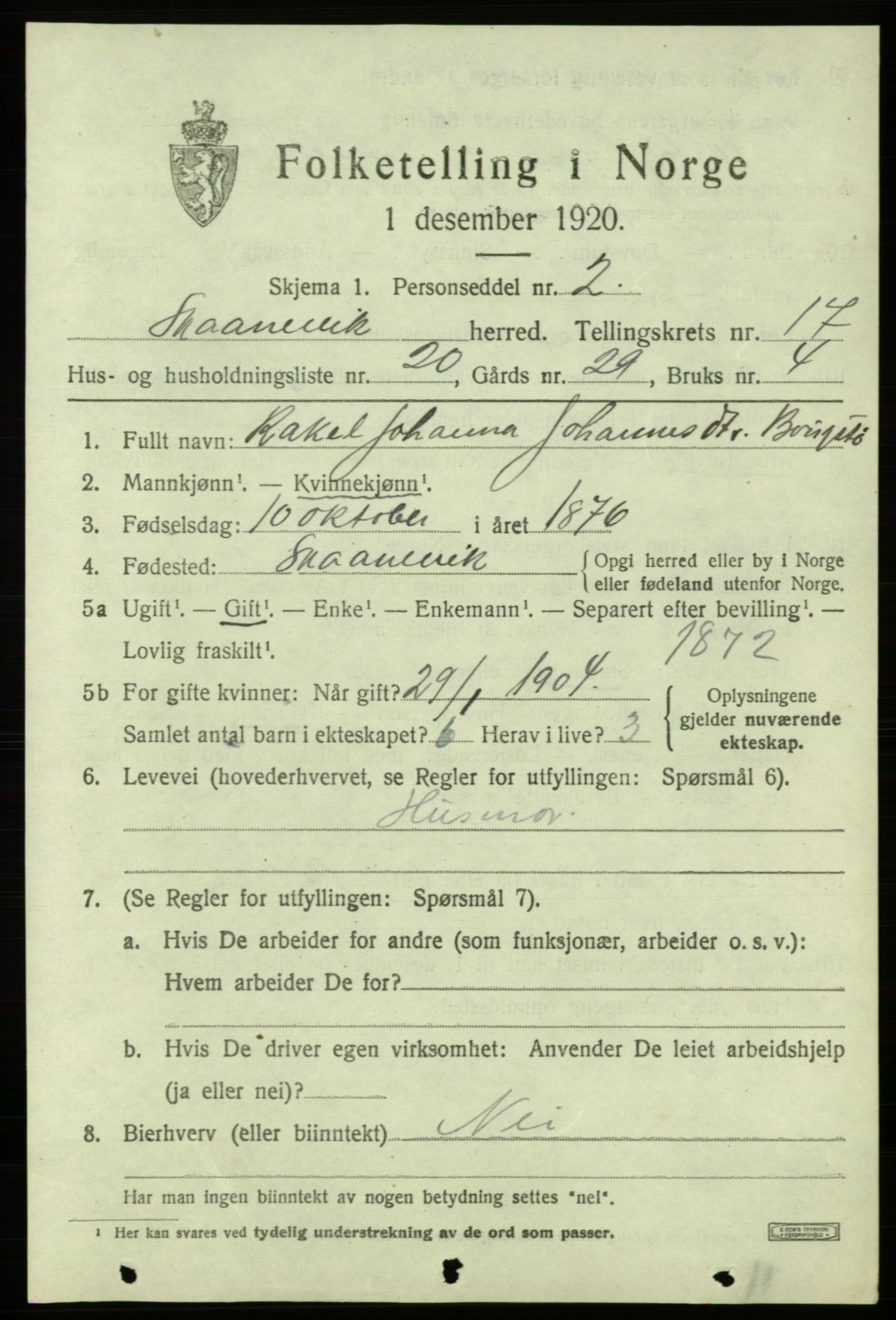 SAB, 1920 census for Skånevik, 1920, p. 6813