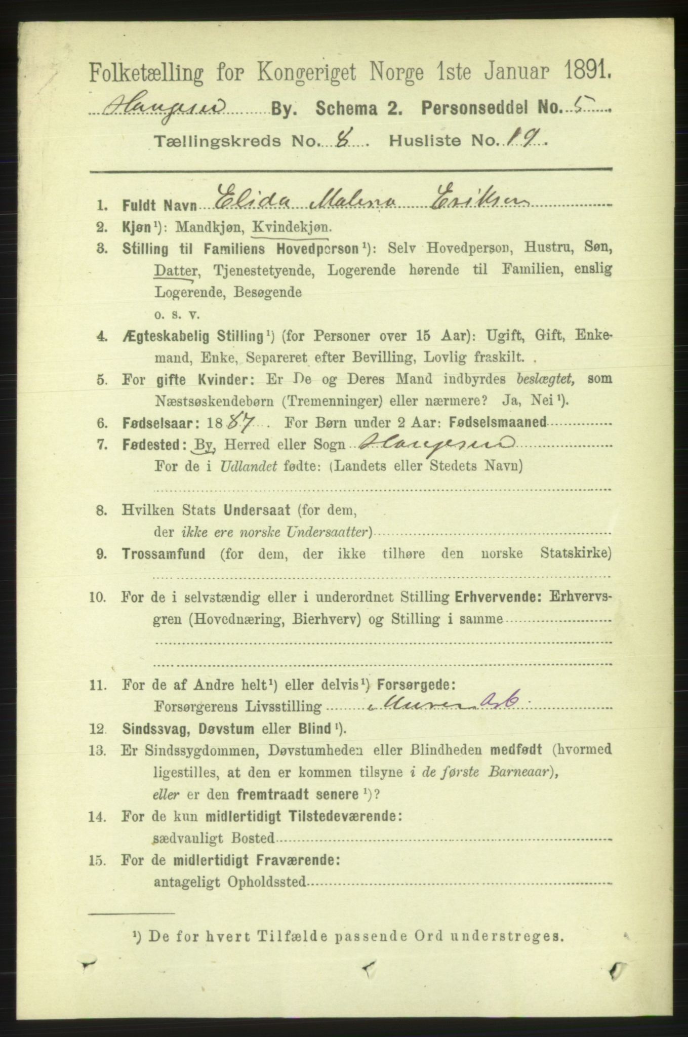 RA, 1891 census for 1106 Haugesund, 1891, p. 3714