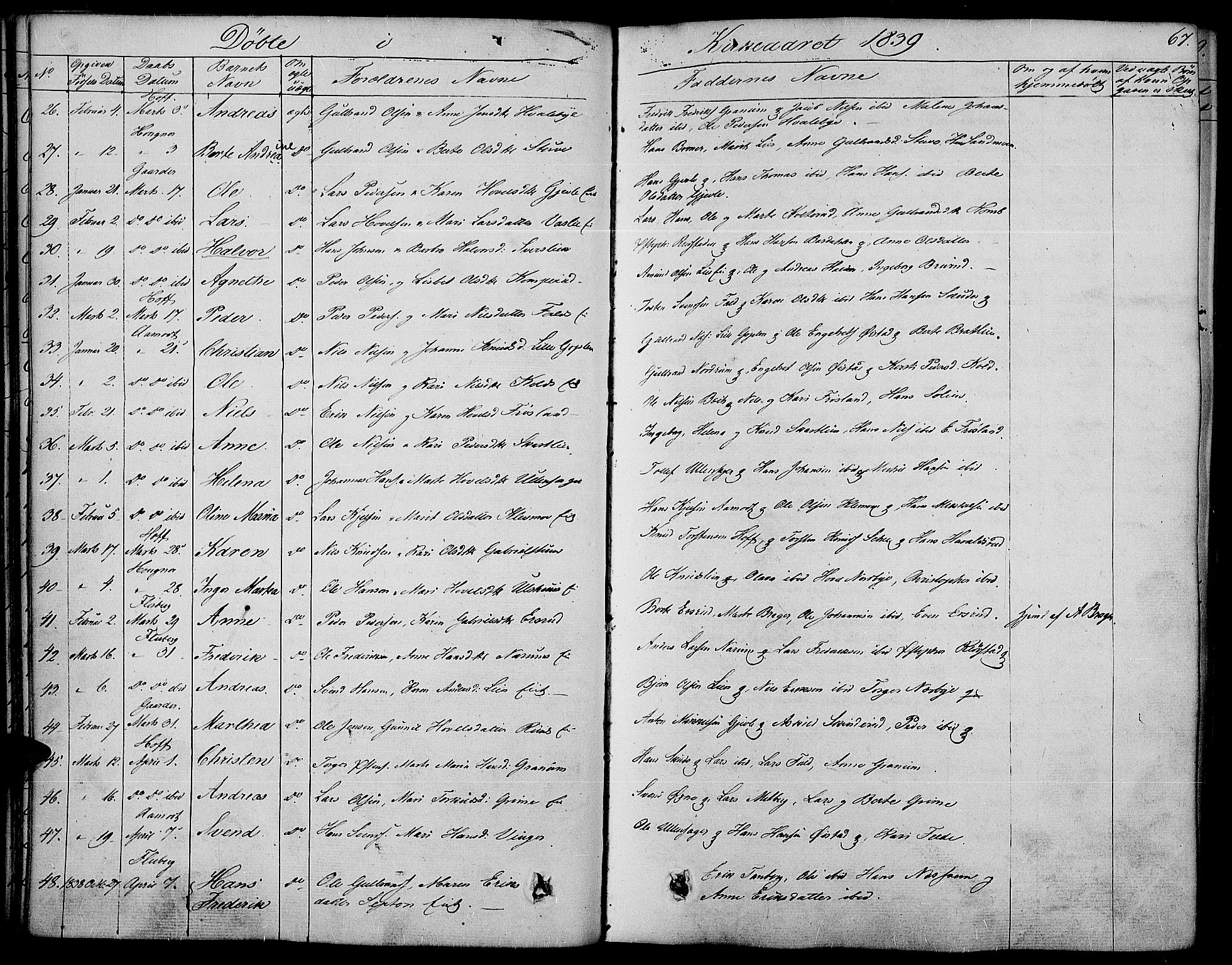 Land prestekontor, SAH/PREST-120/H/Ha/Haa/L0008: Parish register (official) no. 8, 1830-1846, p. 67