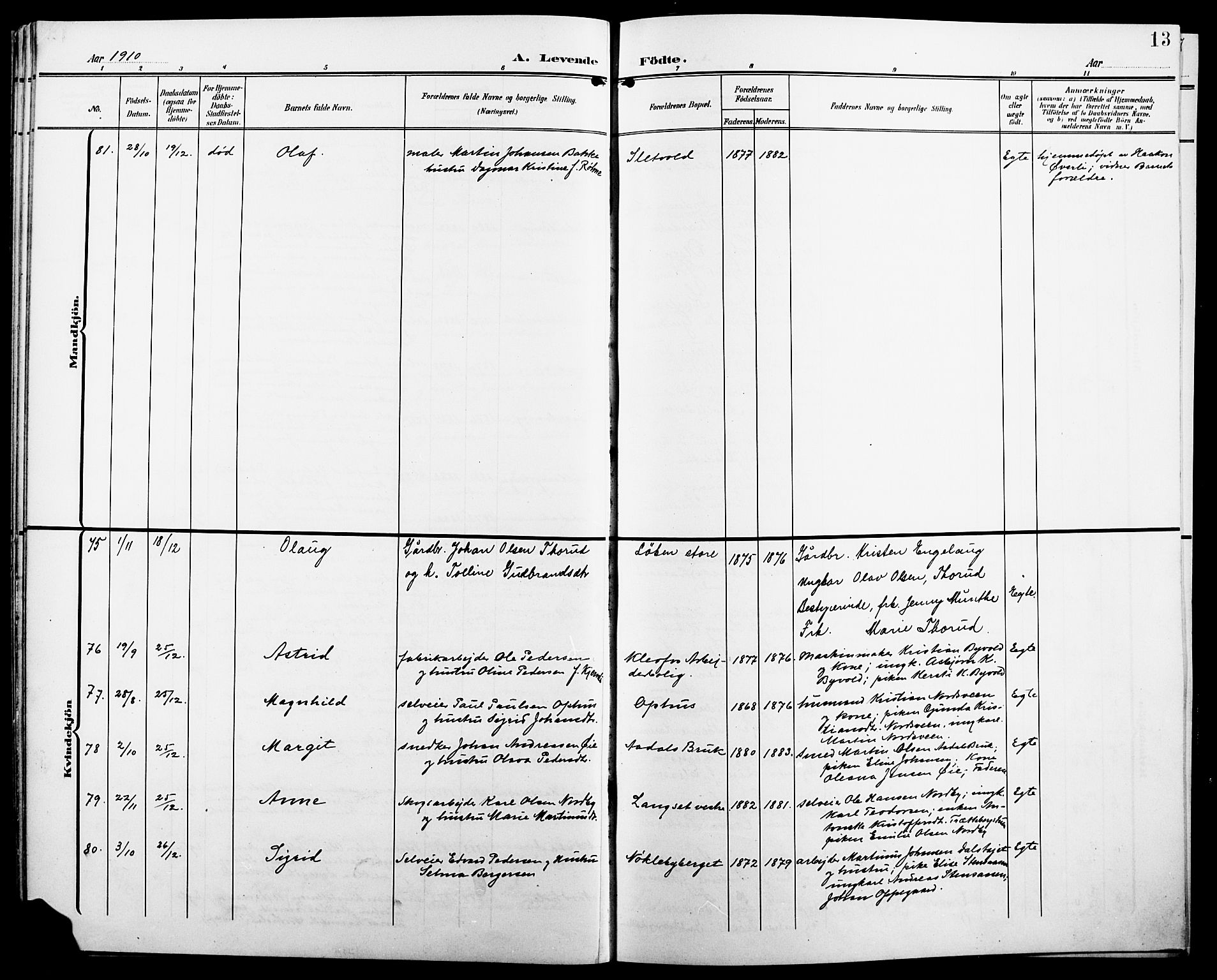 Løten prestekontor, AV/SAH-PREST-022/L/La/L0007: Parish register (copy) no. 7, 1910-1919, p. 13