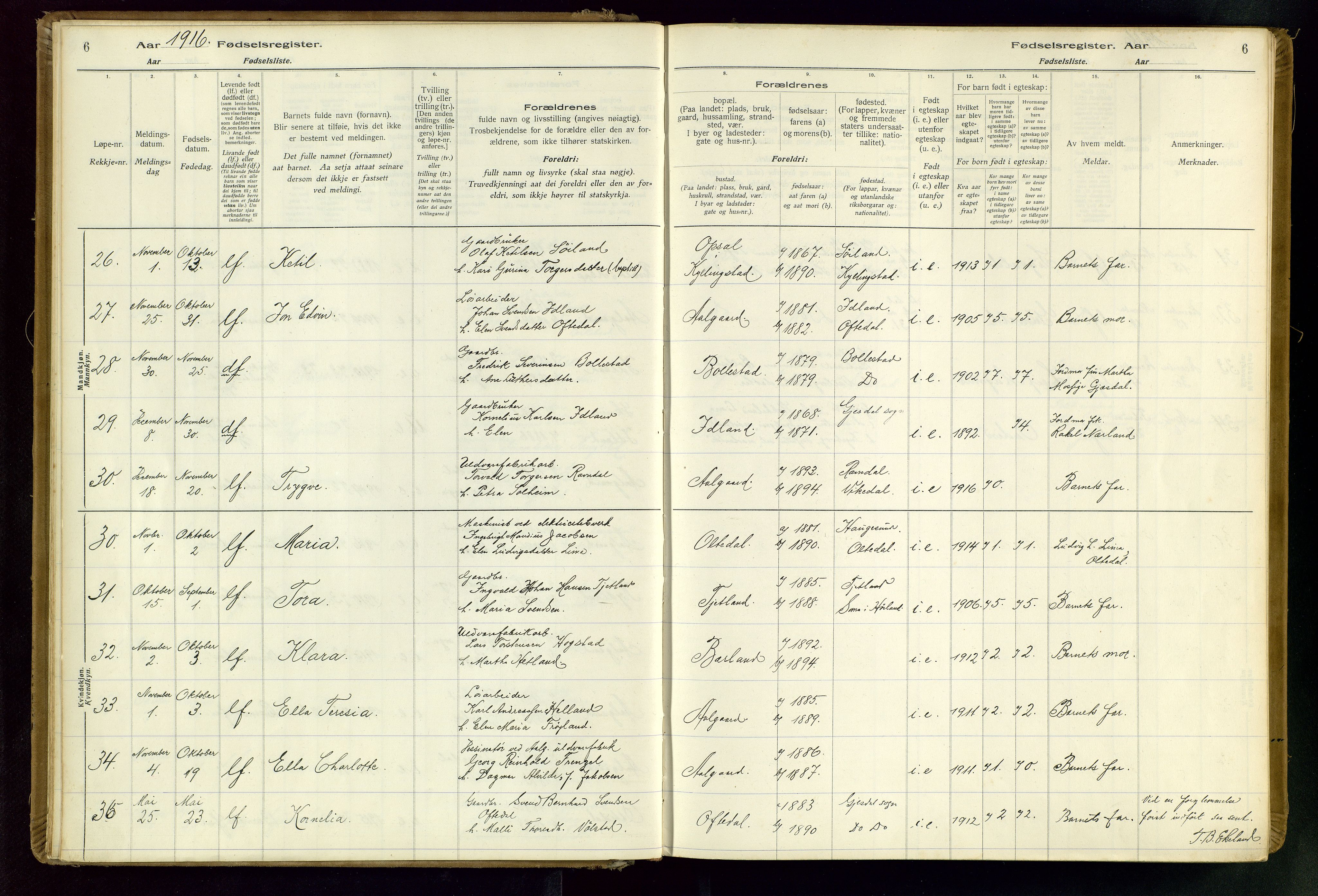 Gjesdal sokneprestkontor, SAST/A-101796/002/O/L0001: Birth register no. 1, 1916-1949, p. 6