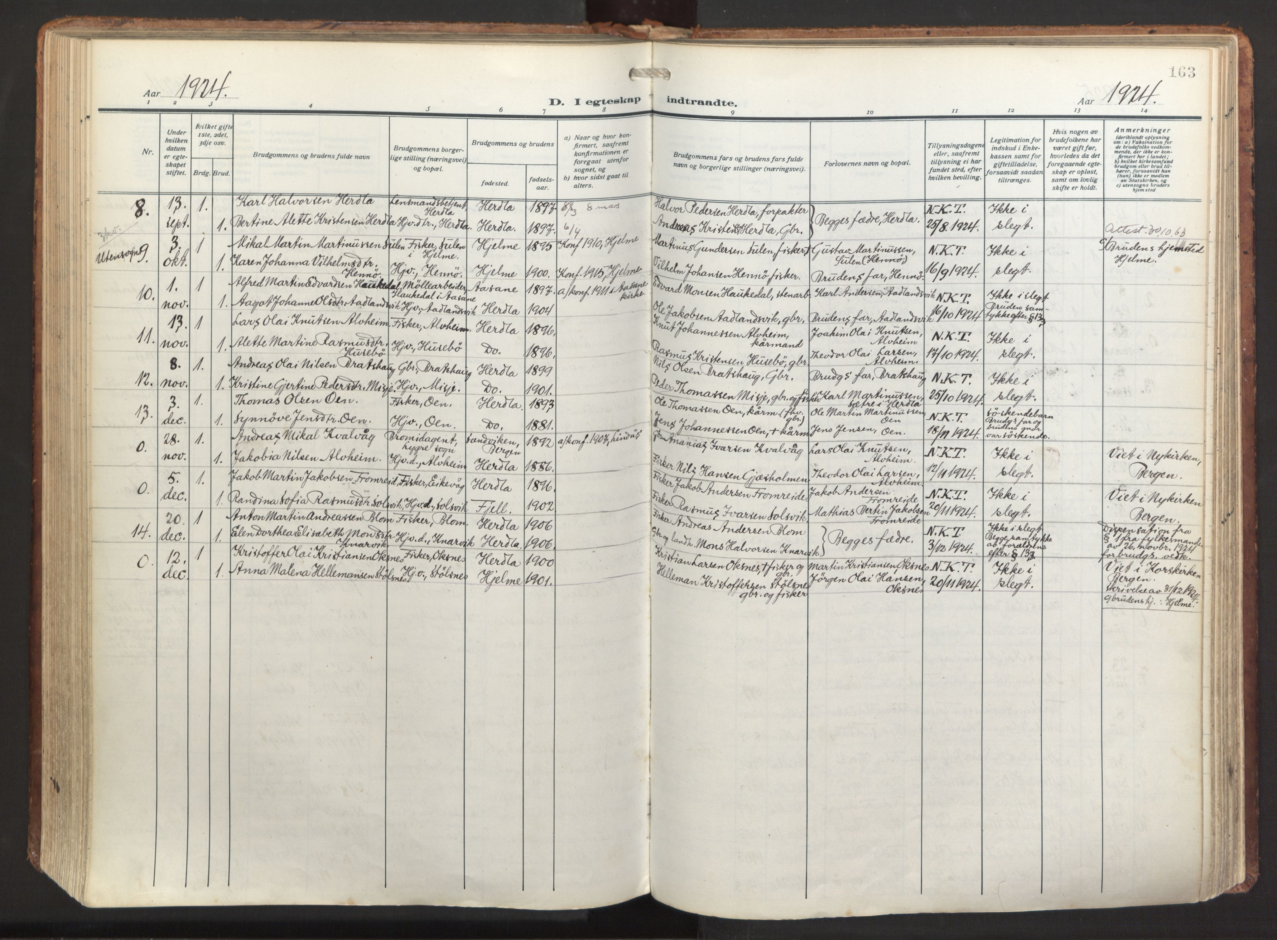 Herdla Sokneprestembete, AV/SAB-A-75701/H/Haa: Parish register (official) no. A 6, 1918-1933, p. 163