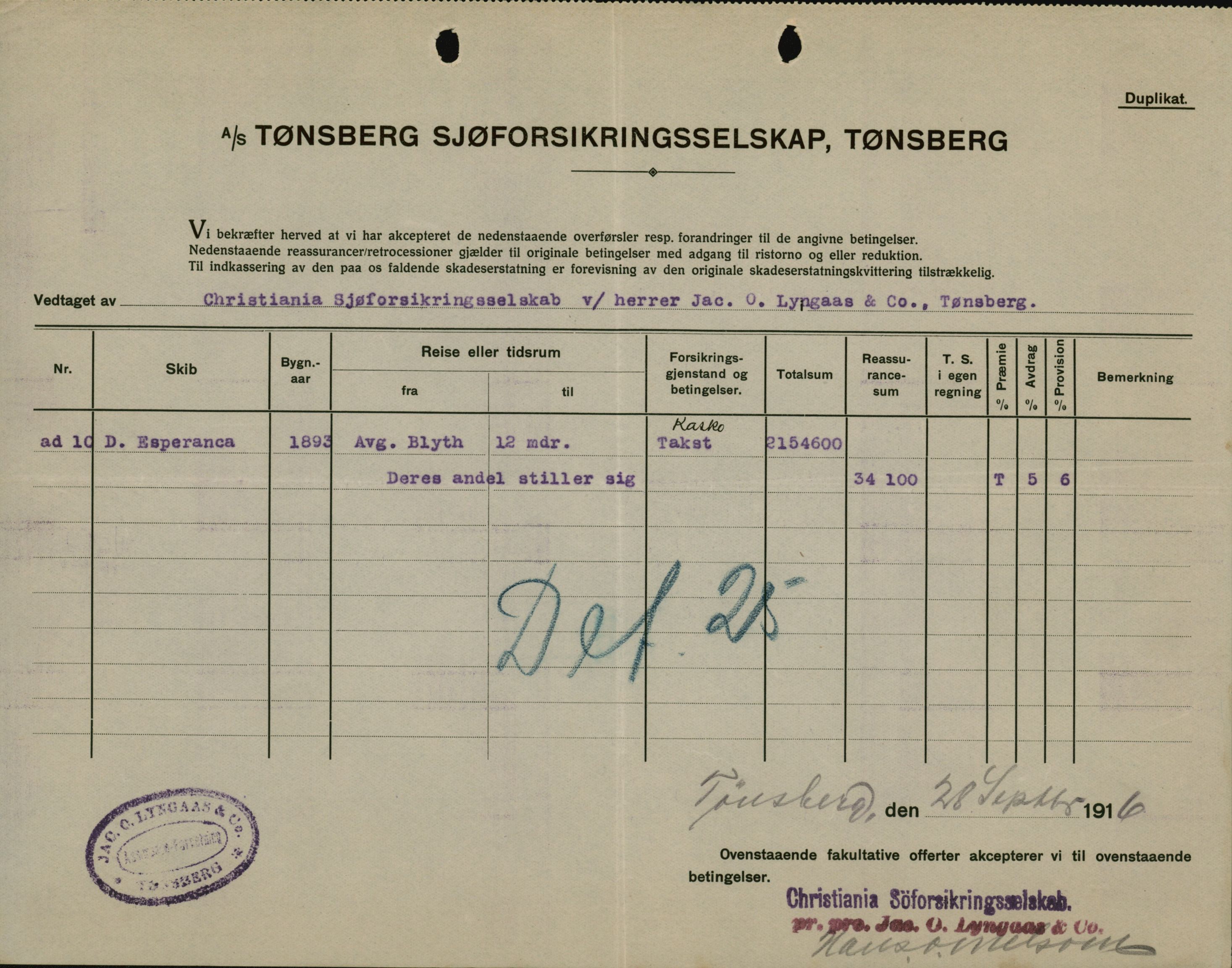 Pa 664 - Tønsberg Sjøforsikringsselskap, VEMU/A-1773/F/L0001: Forsikringspoliser, 1915-1918