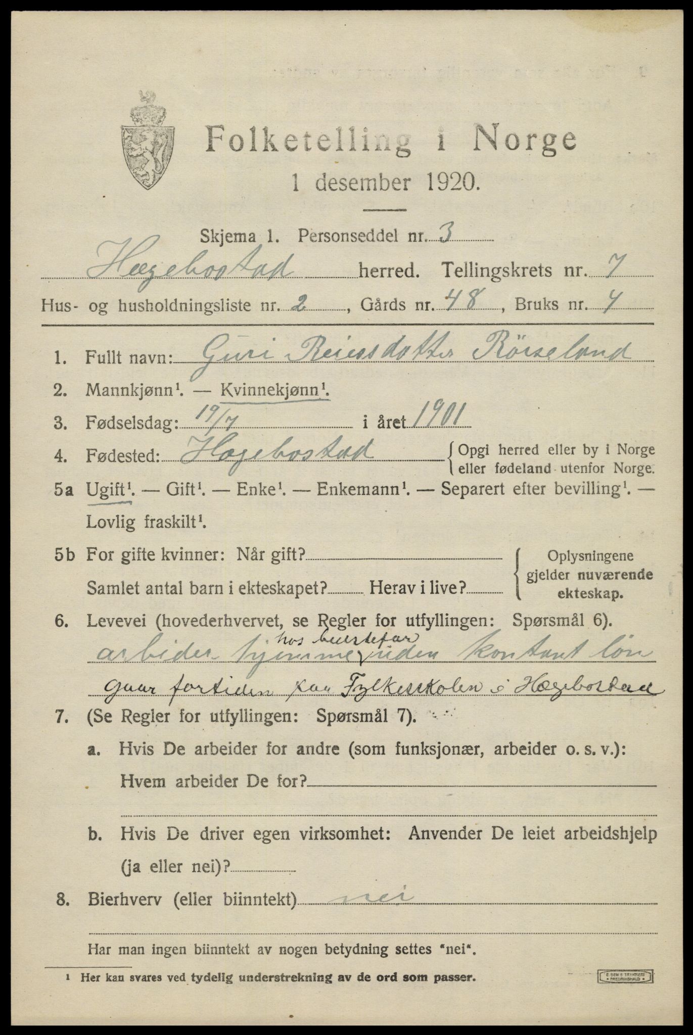 SAK, 1920 census for Hægebostad, 1920, p. 2125