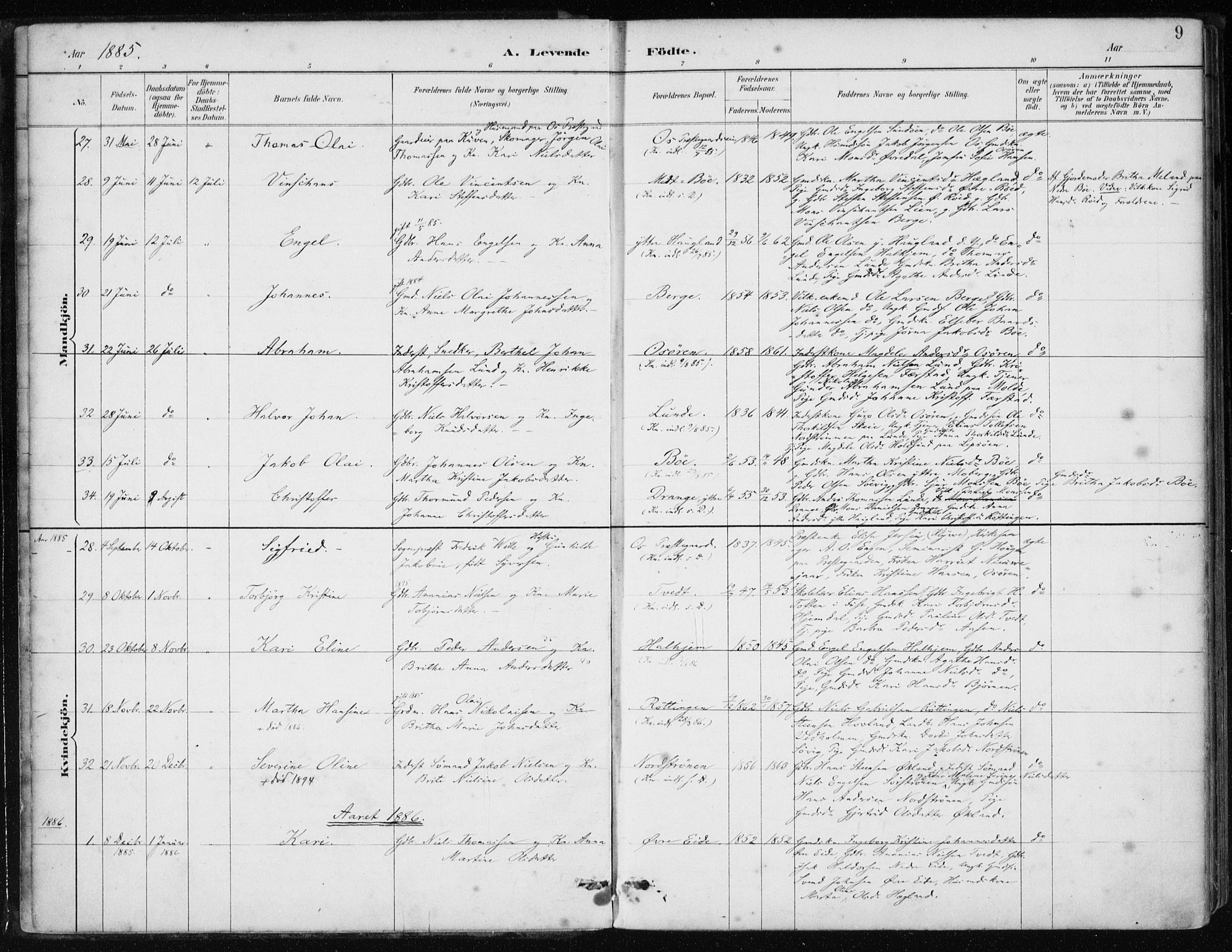 Os sokneprestembete, SAB/A-99929: Parish register (official) no. B 1, 1885-1902, p. 9