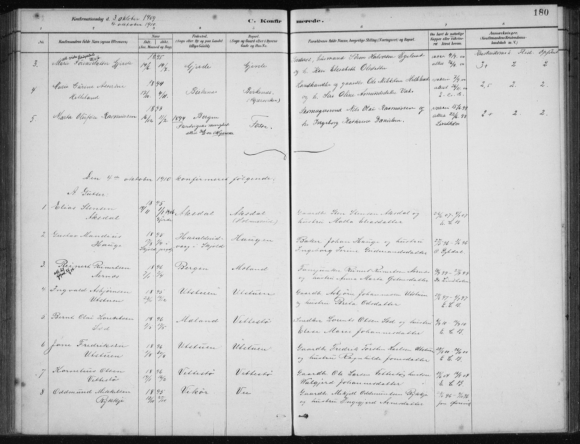 Etne sokneprestembete, SAB/A-75001/H/Haa: Parish register (official) no. C  1, 1879-1919, p. 180