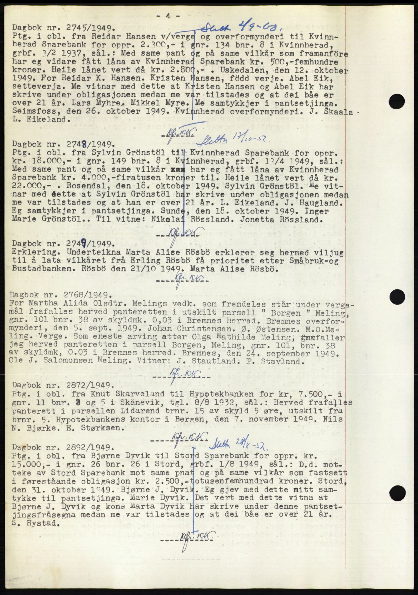 Sunnhordland sorenskrivar, AV/SAB-A-2401: Mortgage book no. B75-79, 1948-1950, Diary no: : 2745/1949