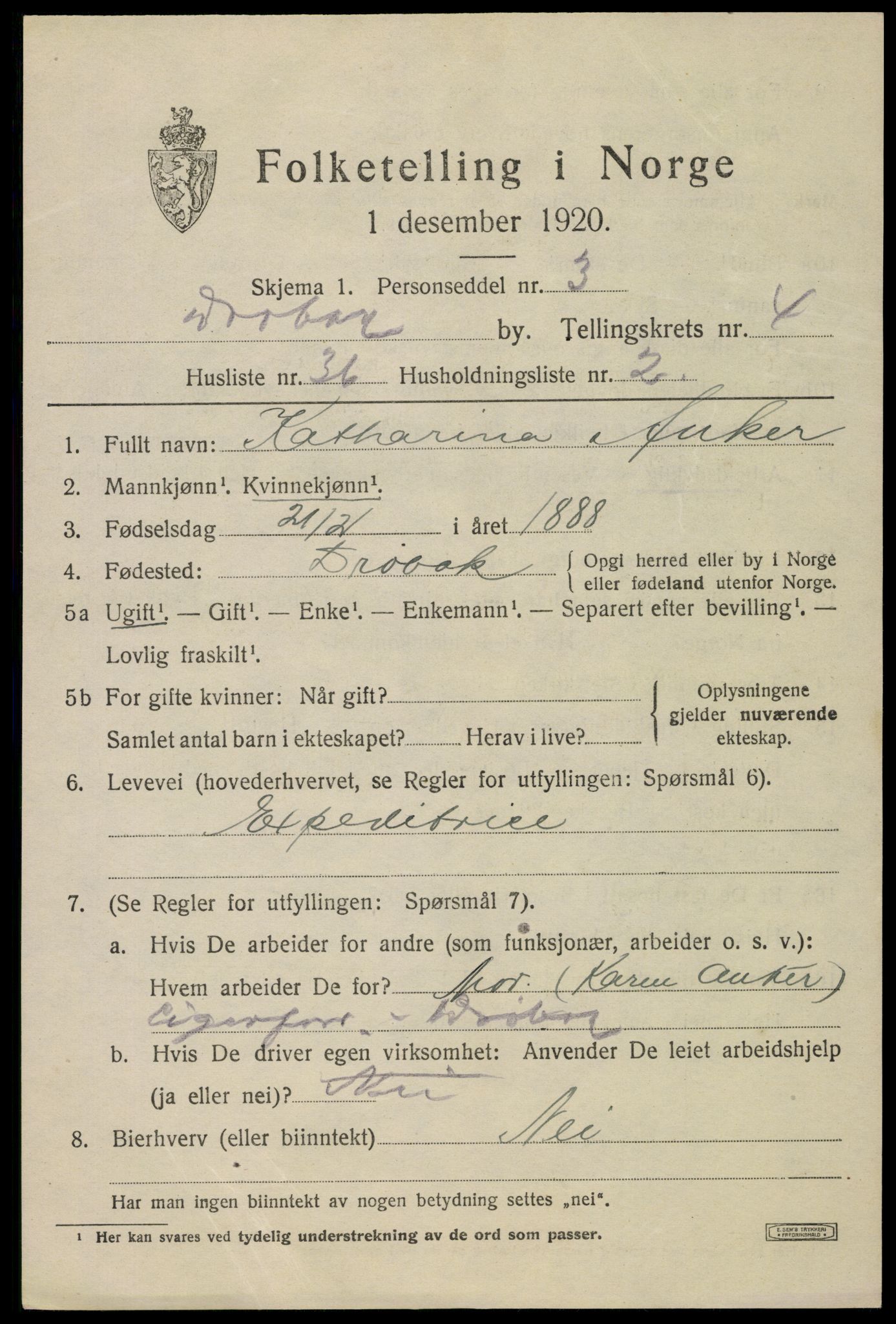 SAO, 1920 census for Drøbak, 1920, p. 4495