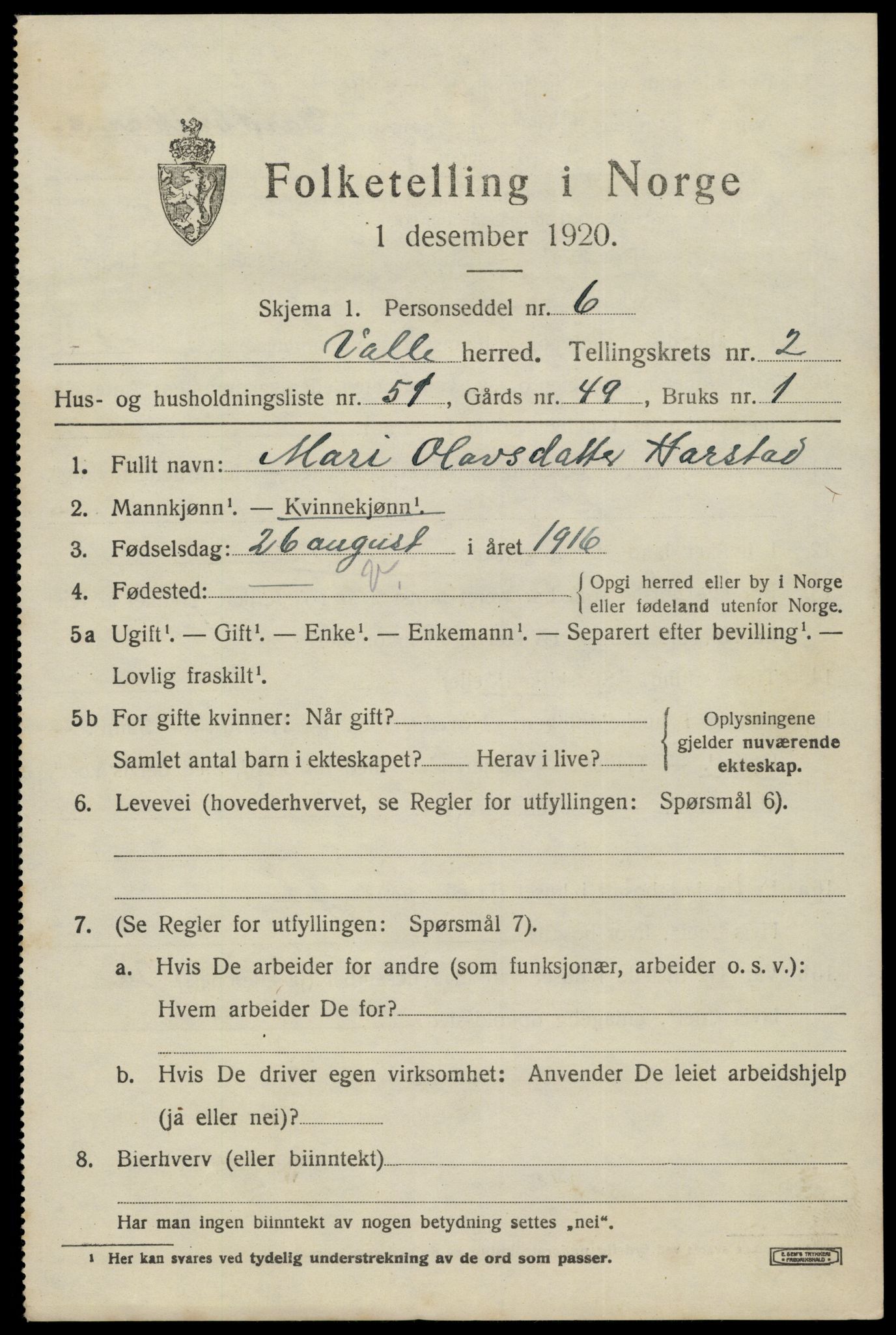 SAK, 1920 census for Valle, 1920, p. 1539