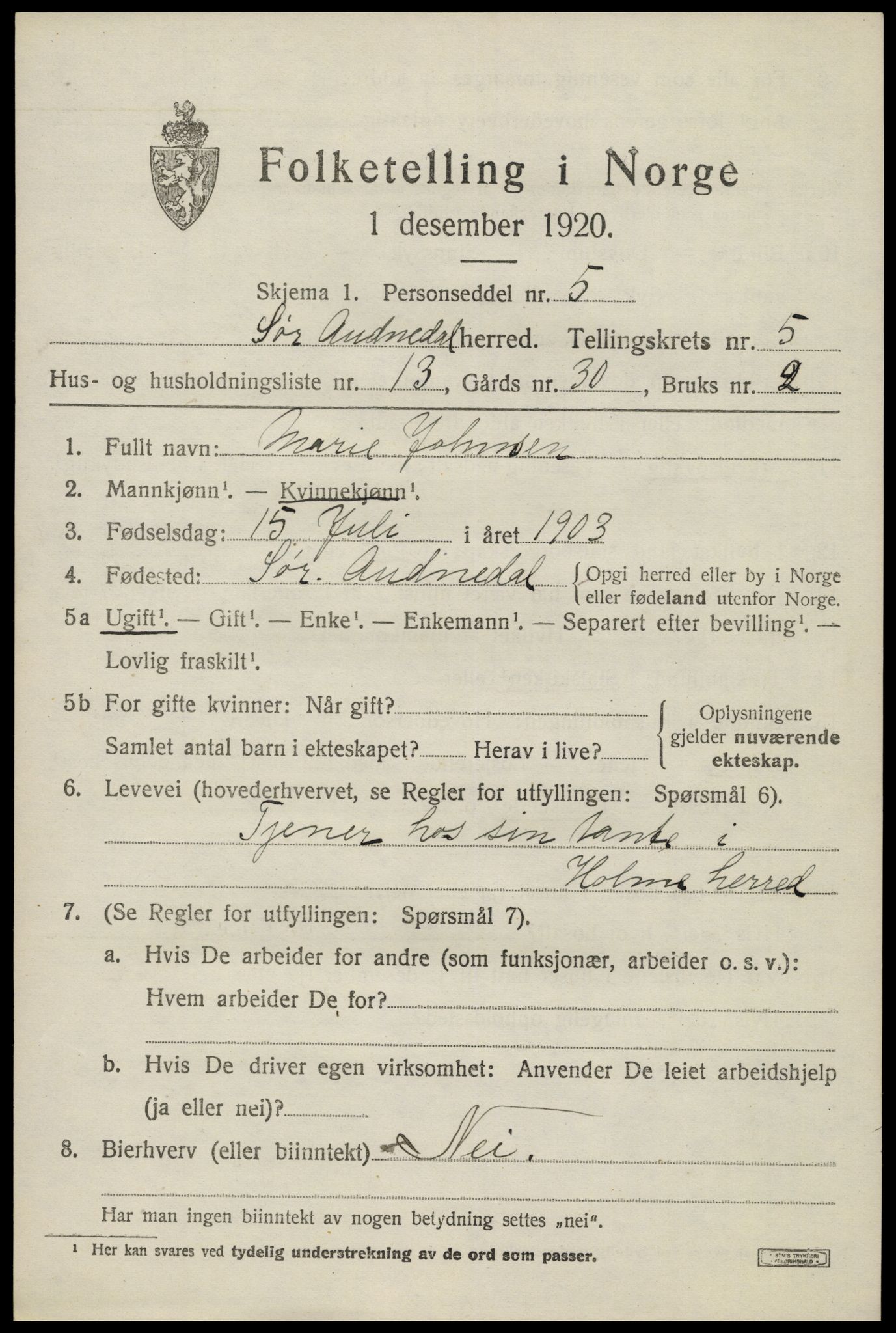 SAK, 1920 census for Sør-Audnedal, 1920, p. 2639