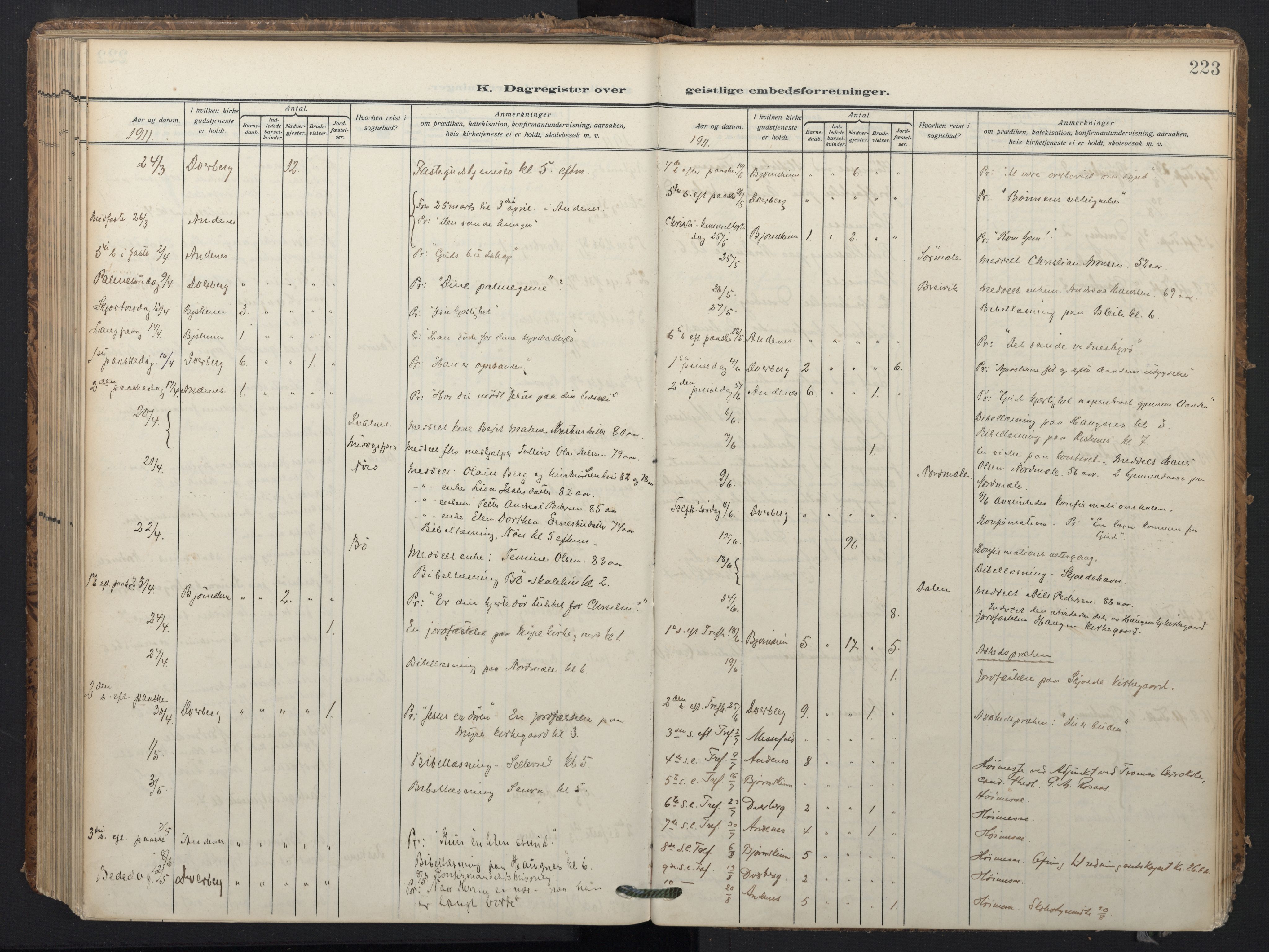 Ministerialprotokoller, klokkerbøker og fødselsregistre - Nordland, SAT/A-1459/897/L1401: Parish register (official) no. 897A08, 1909-1921, p. 223
