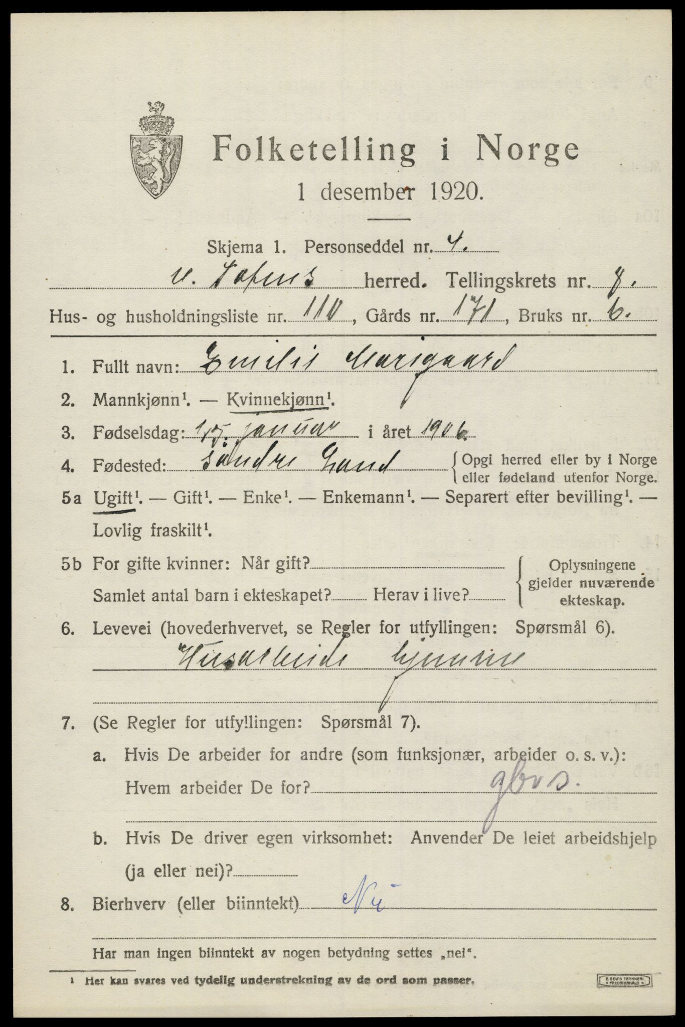 SAH, 1920 census for Vestre Toten, 1920, p. 11102