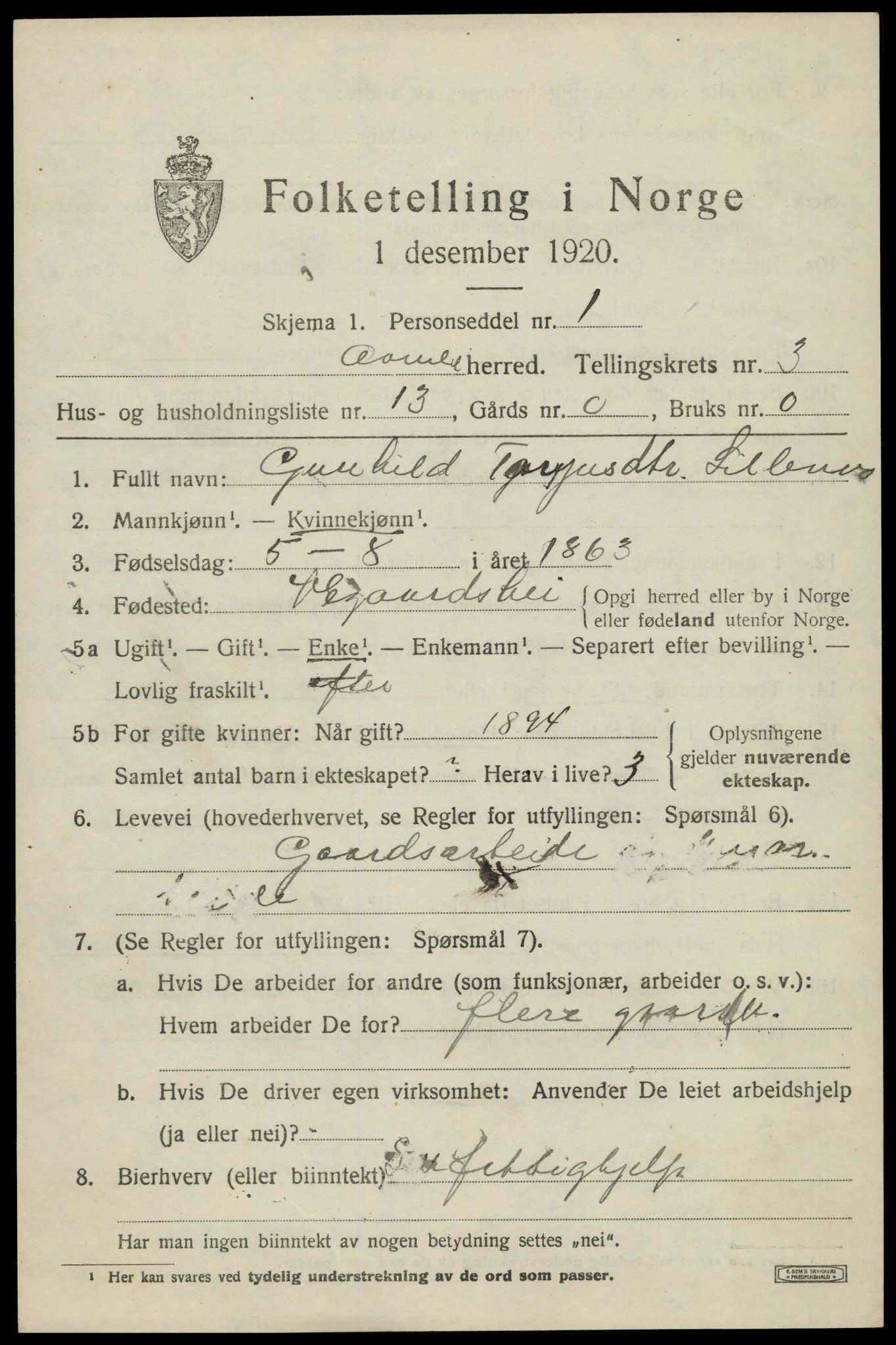 SAK, 1920 census for Åmli, 1920, p. 1415
