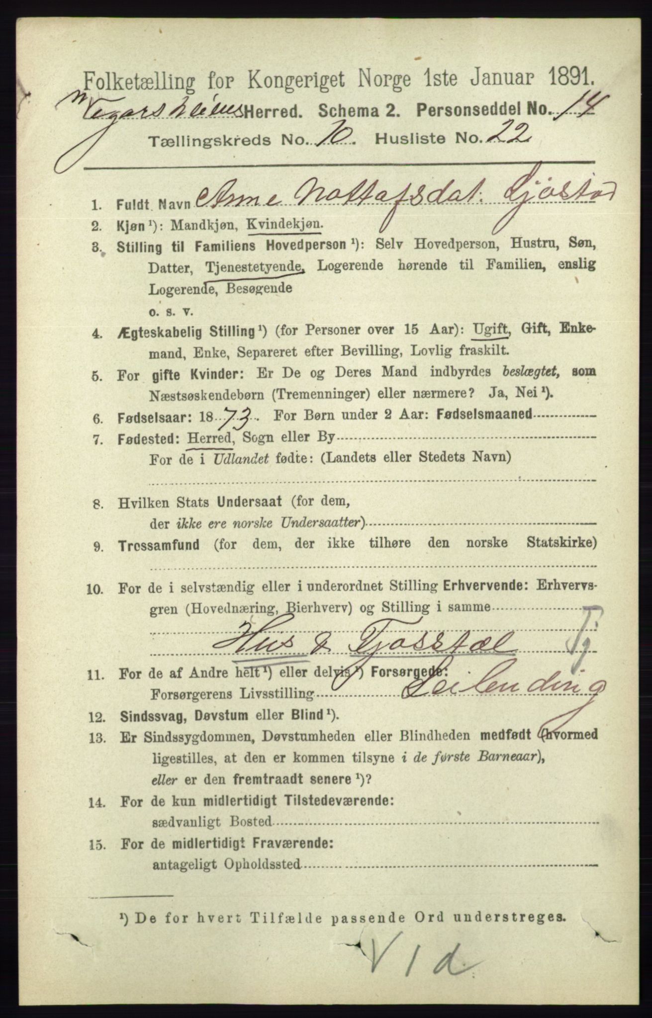 RA, 1891 census for 0912 Vegårshei, 1891, p. 2122
