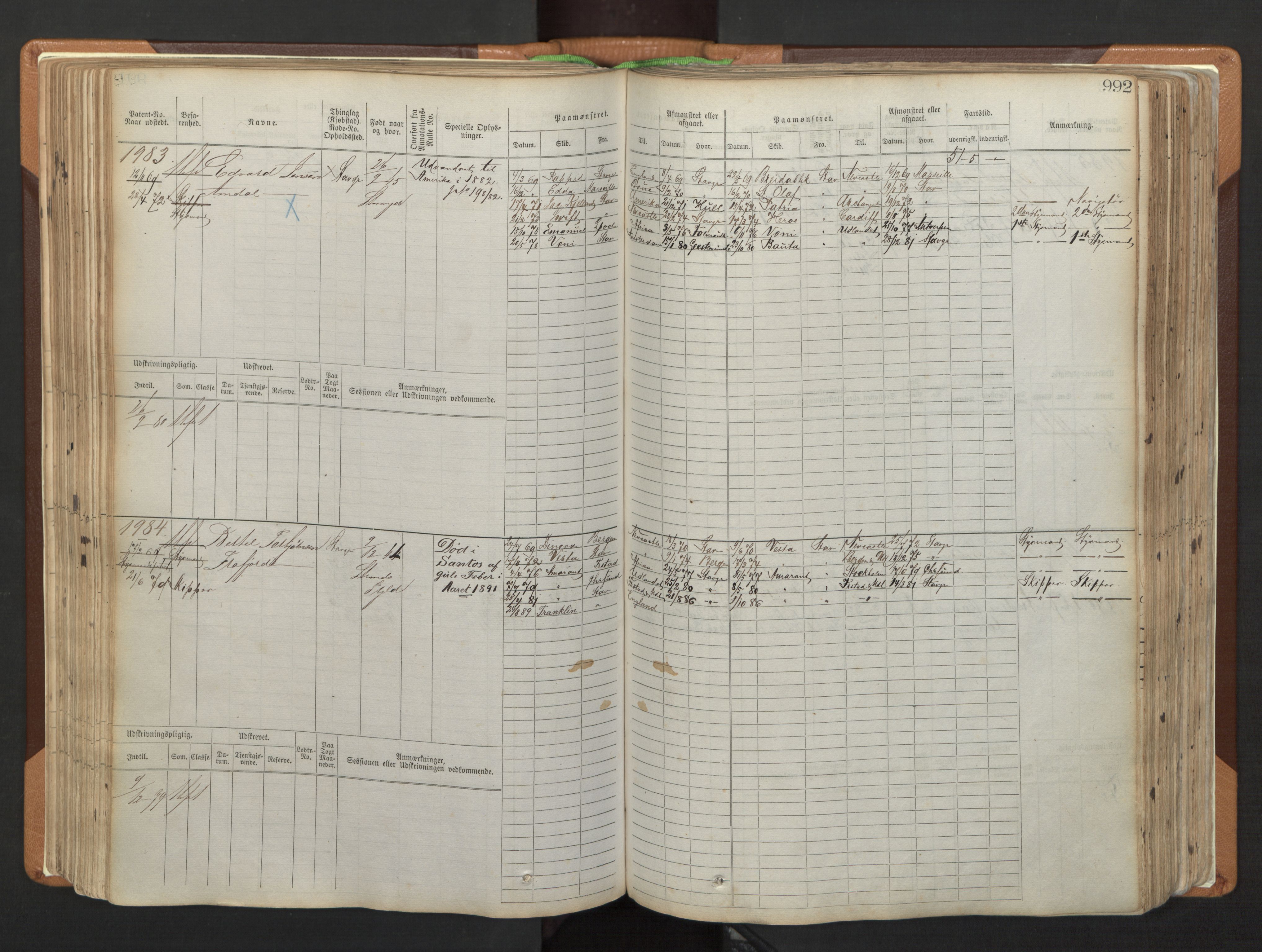 Stavanger sjømannskontor, AV/SAST-A-102006/F/Fb/Fbb/L0006: Sjøfartshovedrulle, patentnr. 1607-2402 (del 3), 1869-1880, p. 192