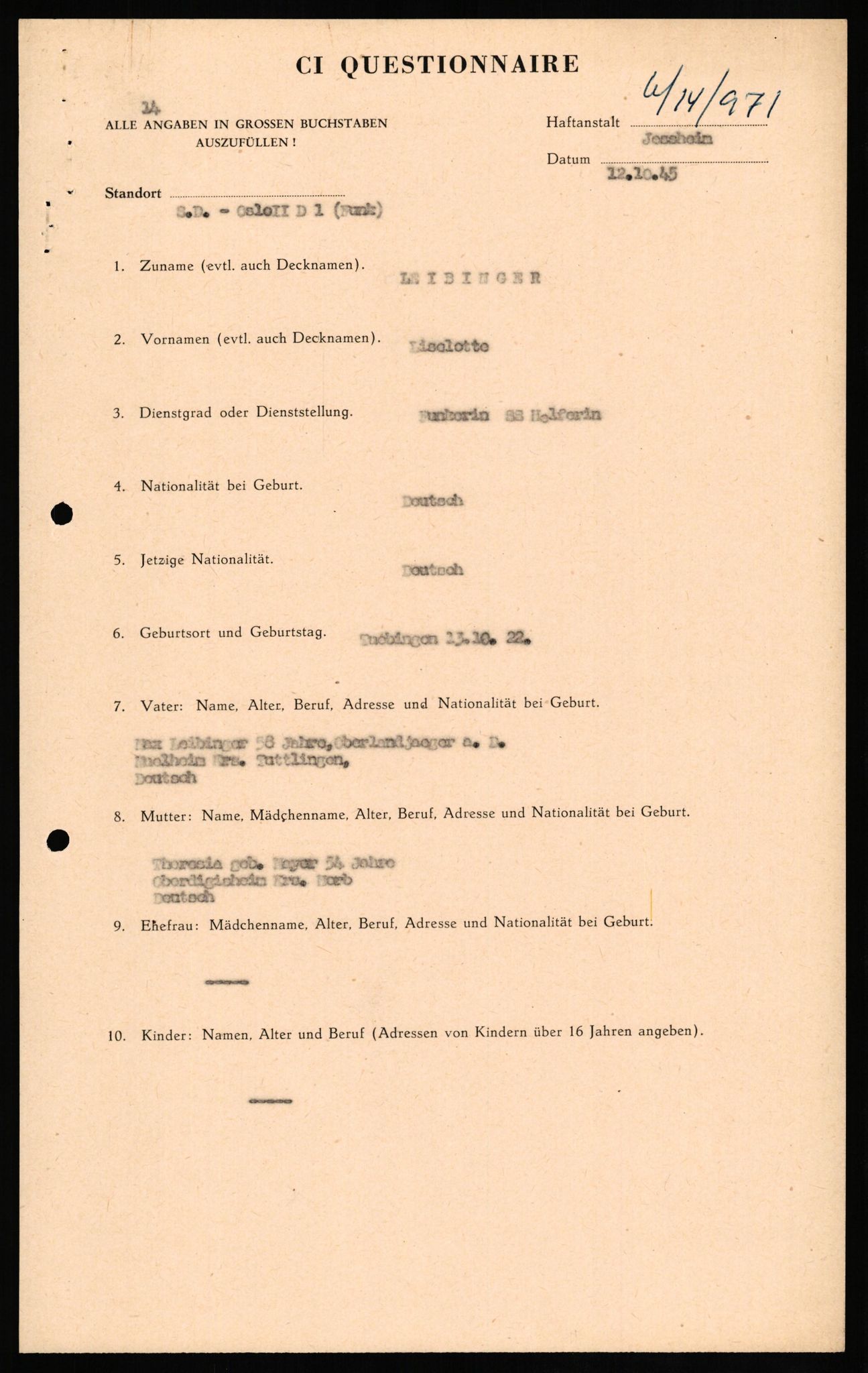 Forsvaret, Forsvarets overkommando II, RA/RAFA-3915/D/Db/L0020: CI Questionaires. Tyske okkupasjonsstyrker i Norge. Tyskere., 1945-1946, p. 47