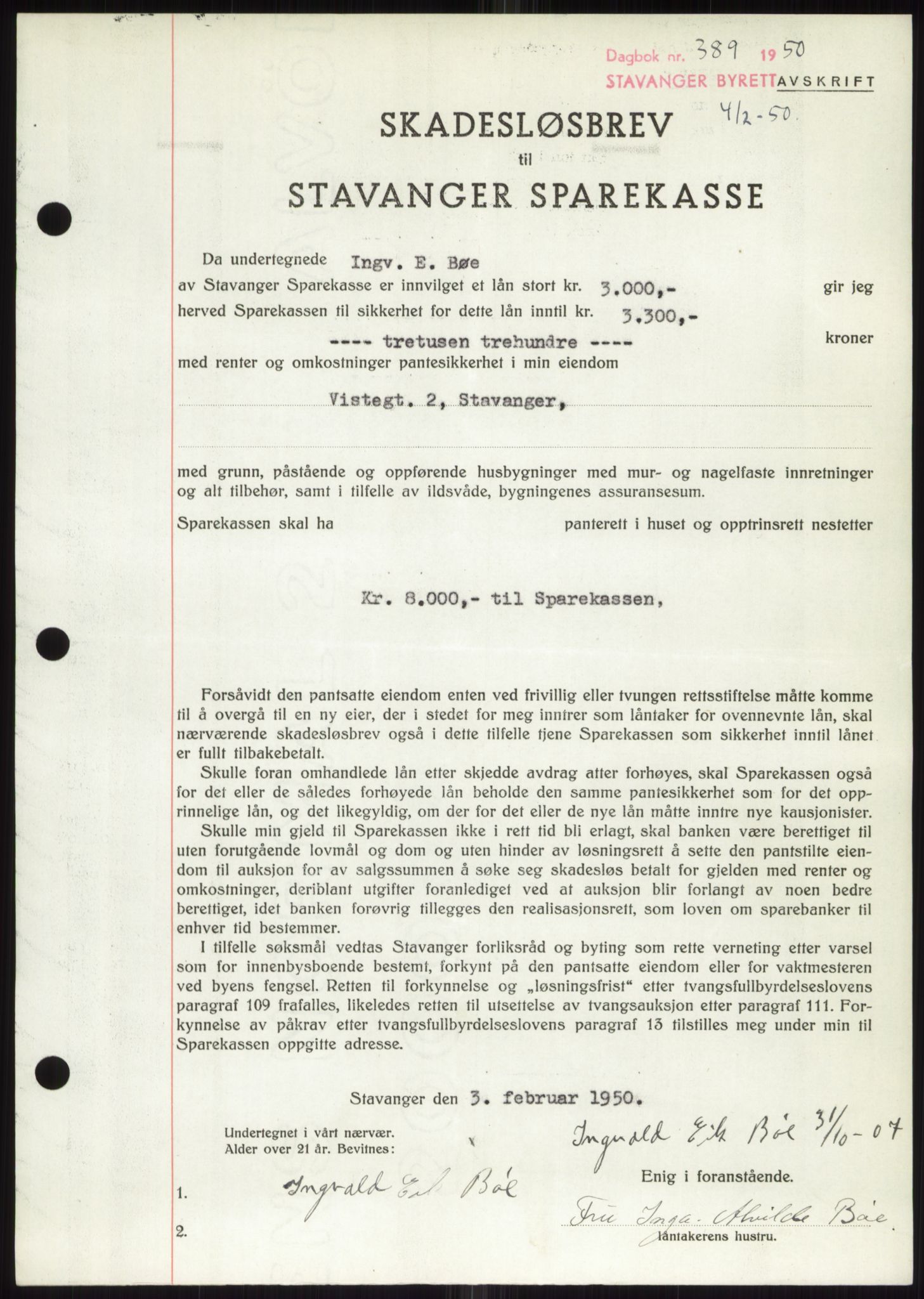 Stavanger byrett, SAST/A-100455/002/G/Gb/L0032: Mortgage book, 1947-1950, Diary no: : 389/1950
