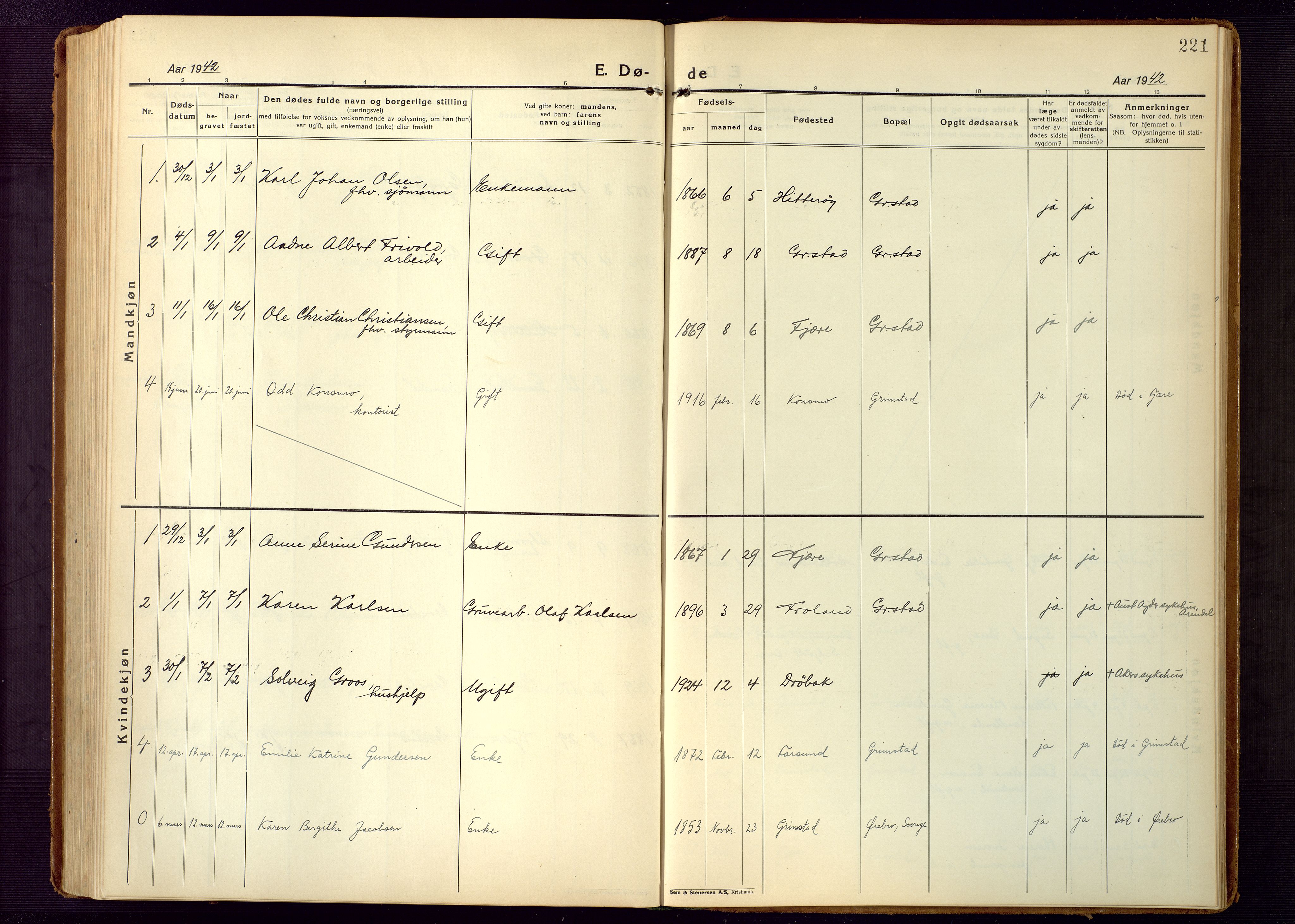 Grimstad sokneprestkontor, AV/SAK-1111-0017/F/Fb/L0002: Parish register (copy) no. B 2, 1923-1949, p. 221