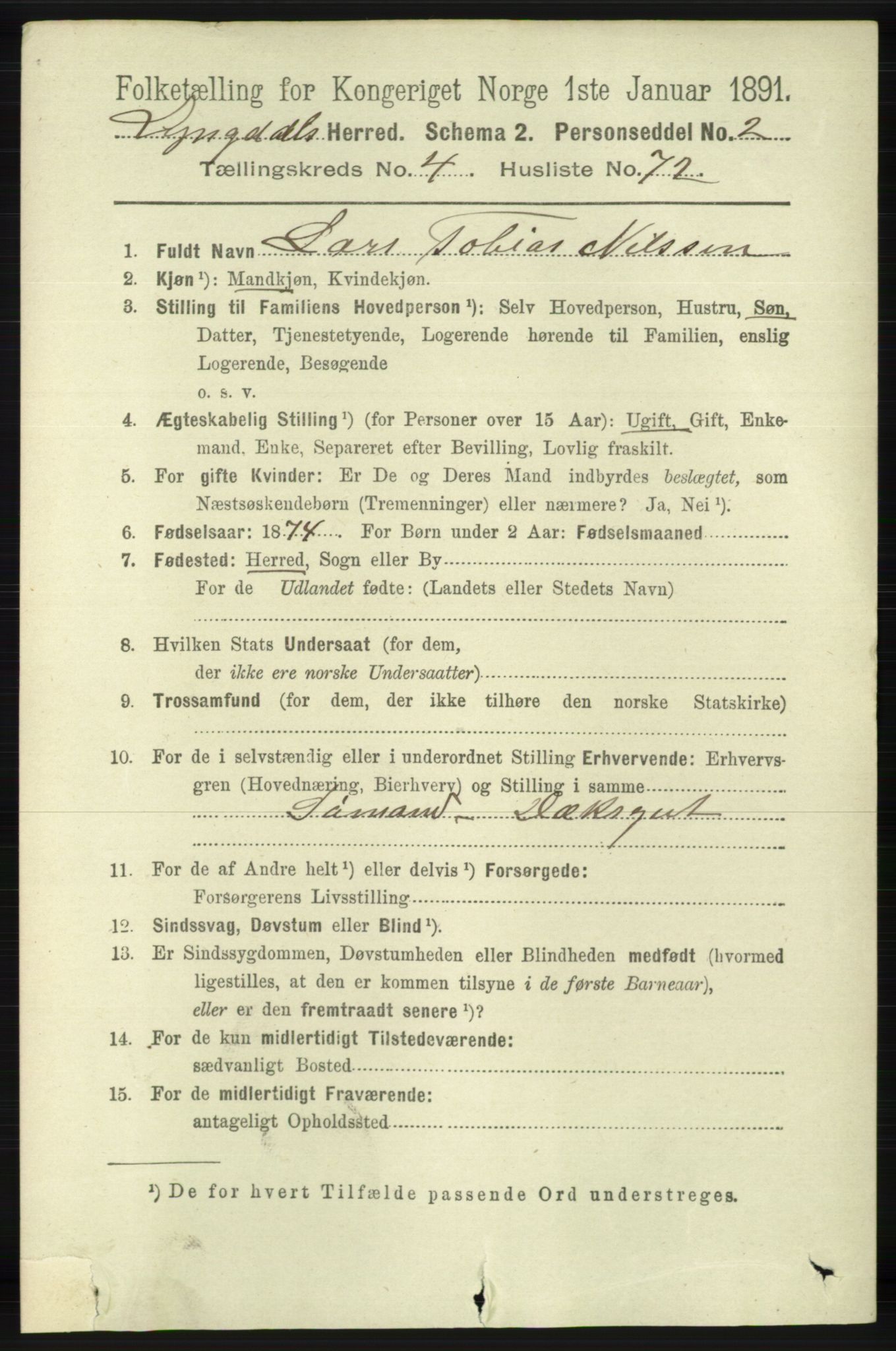 RA, 1891 census for 1032 Lyngdal, 1891, p. 1794