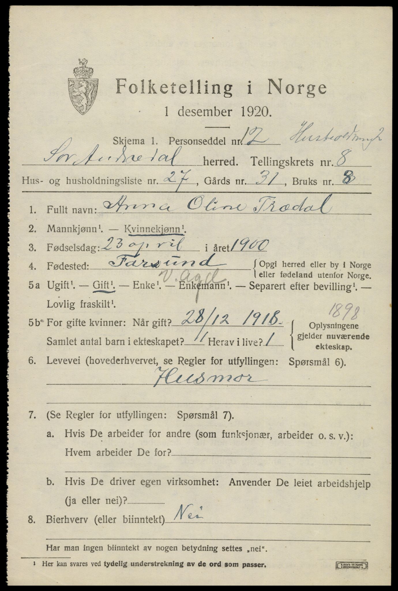 SAK, 1920 census for Sør-Audnedal, 1920, p. 3457