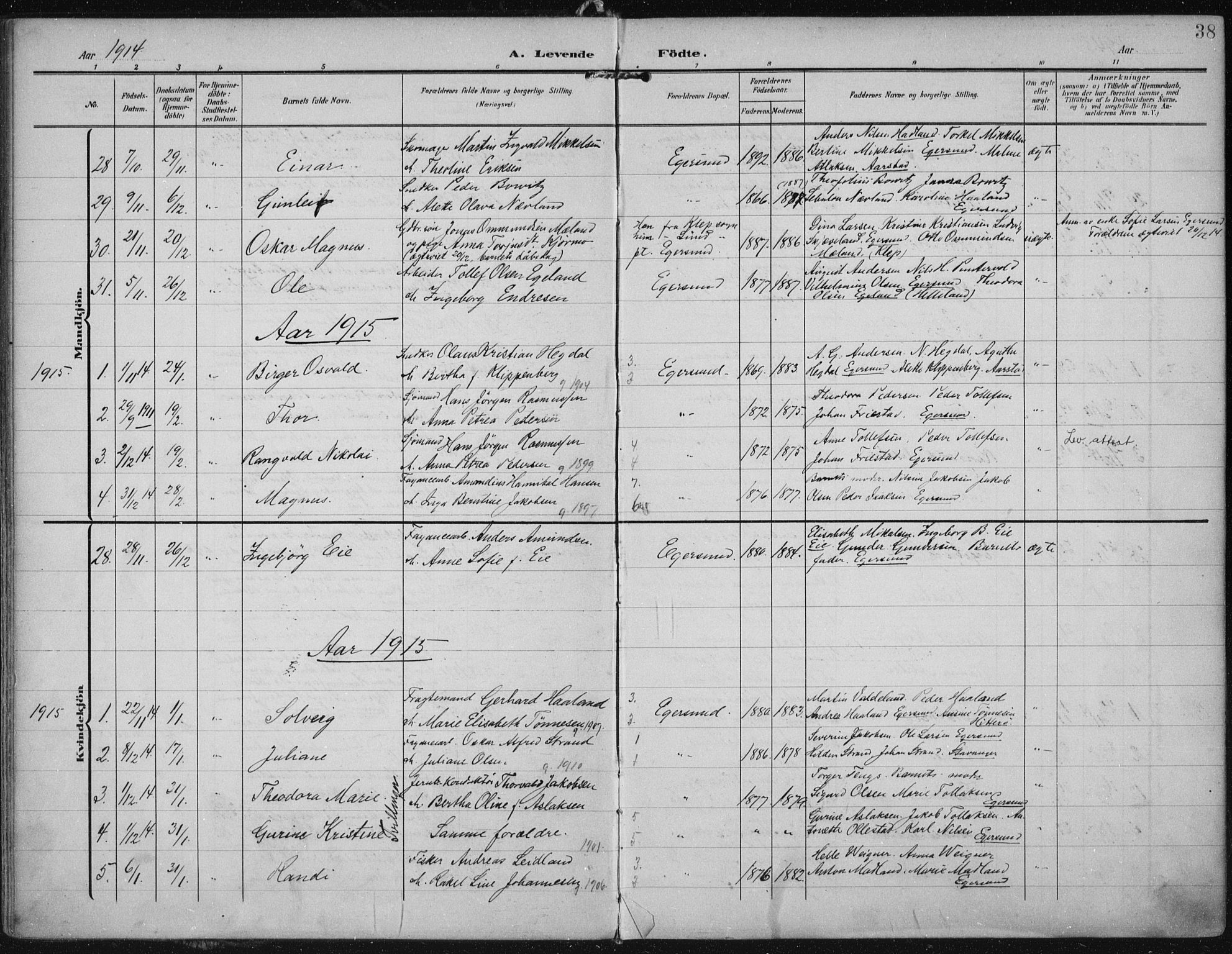Eigersund sokneprestkontor, AV/SAST-A-101807/001/30/30BA/L0022: Parish register (official) no. A 21, 1905-1928, p. 38